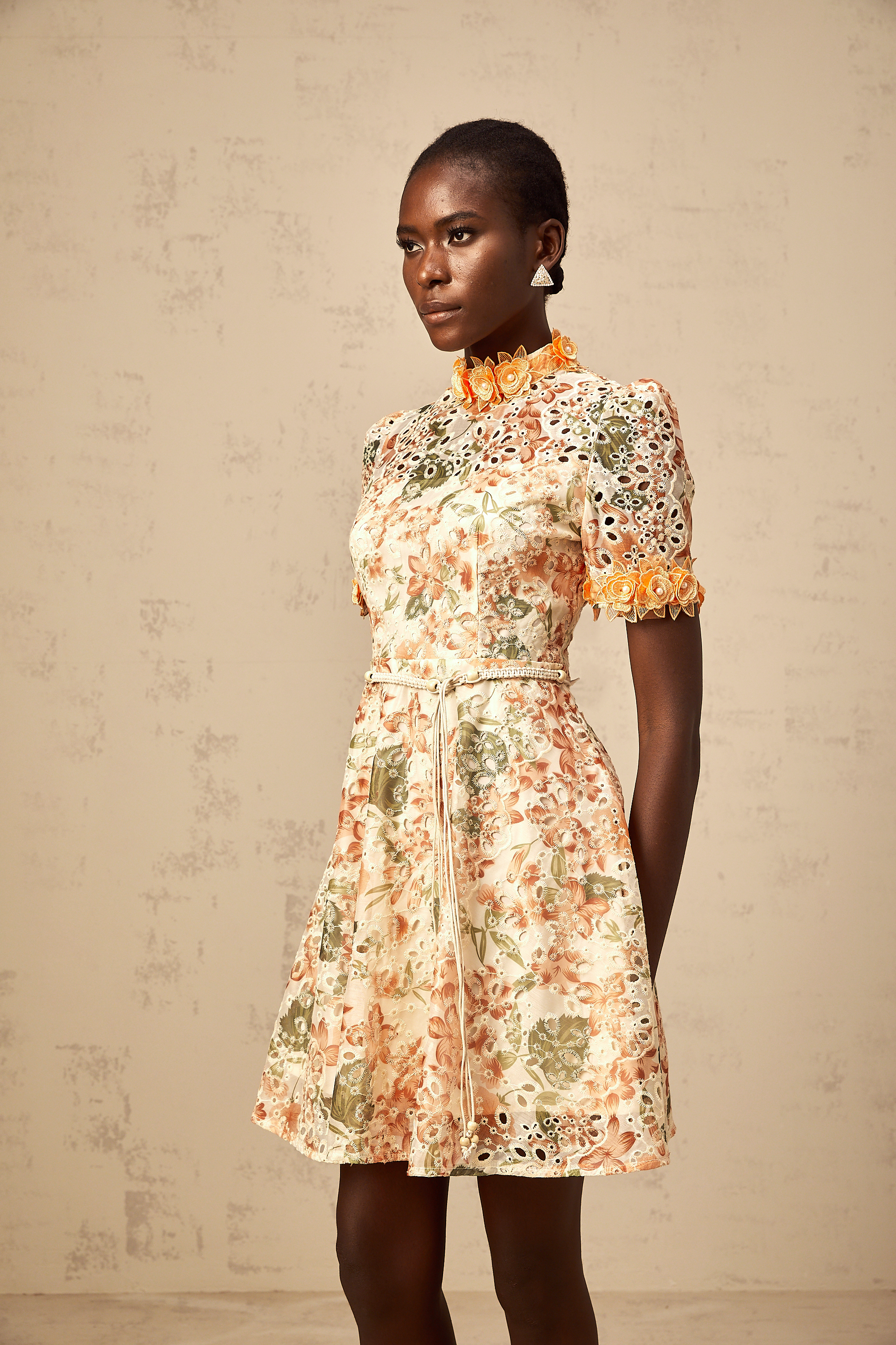 Lilou orange flower-embroidered embellished mini dress