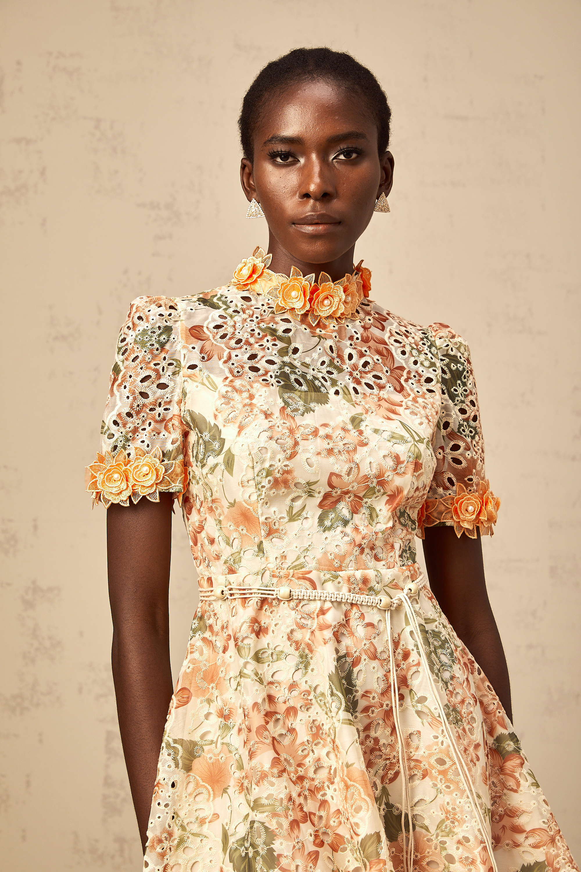 Lilou orange flower-embroidered embellished mini dress