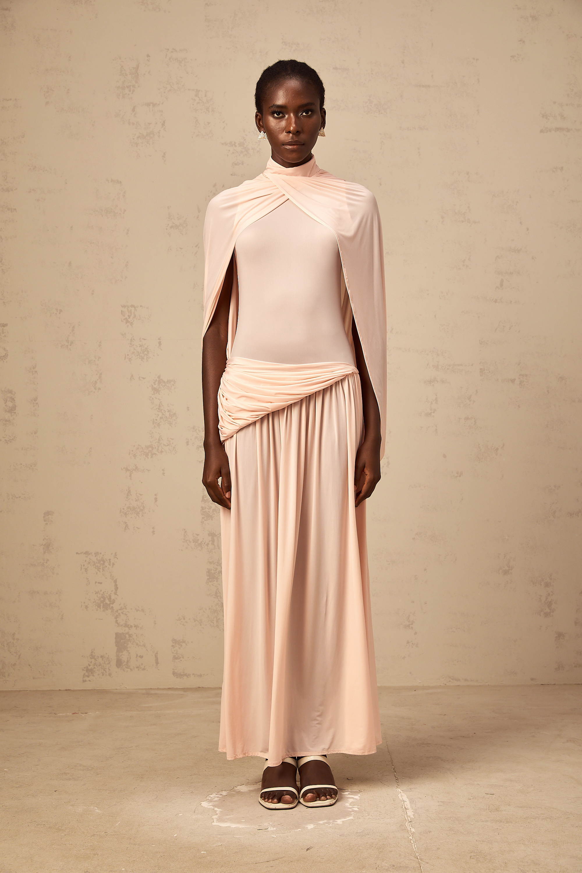 Sacha pink cape-design asymmetrical maxi dress