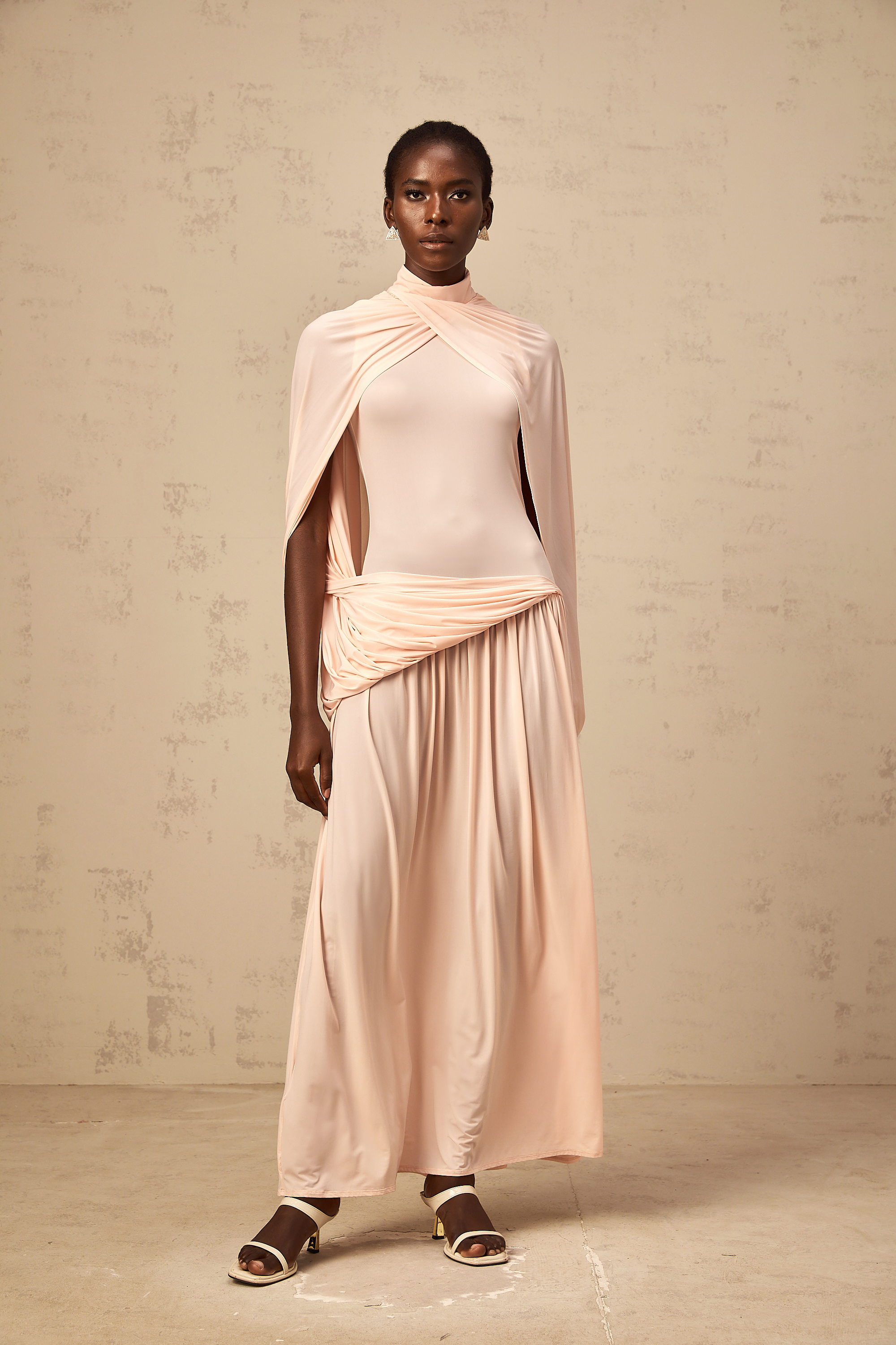 Sacha pink cape-design asymmetrical maxi dress