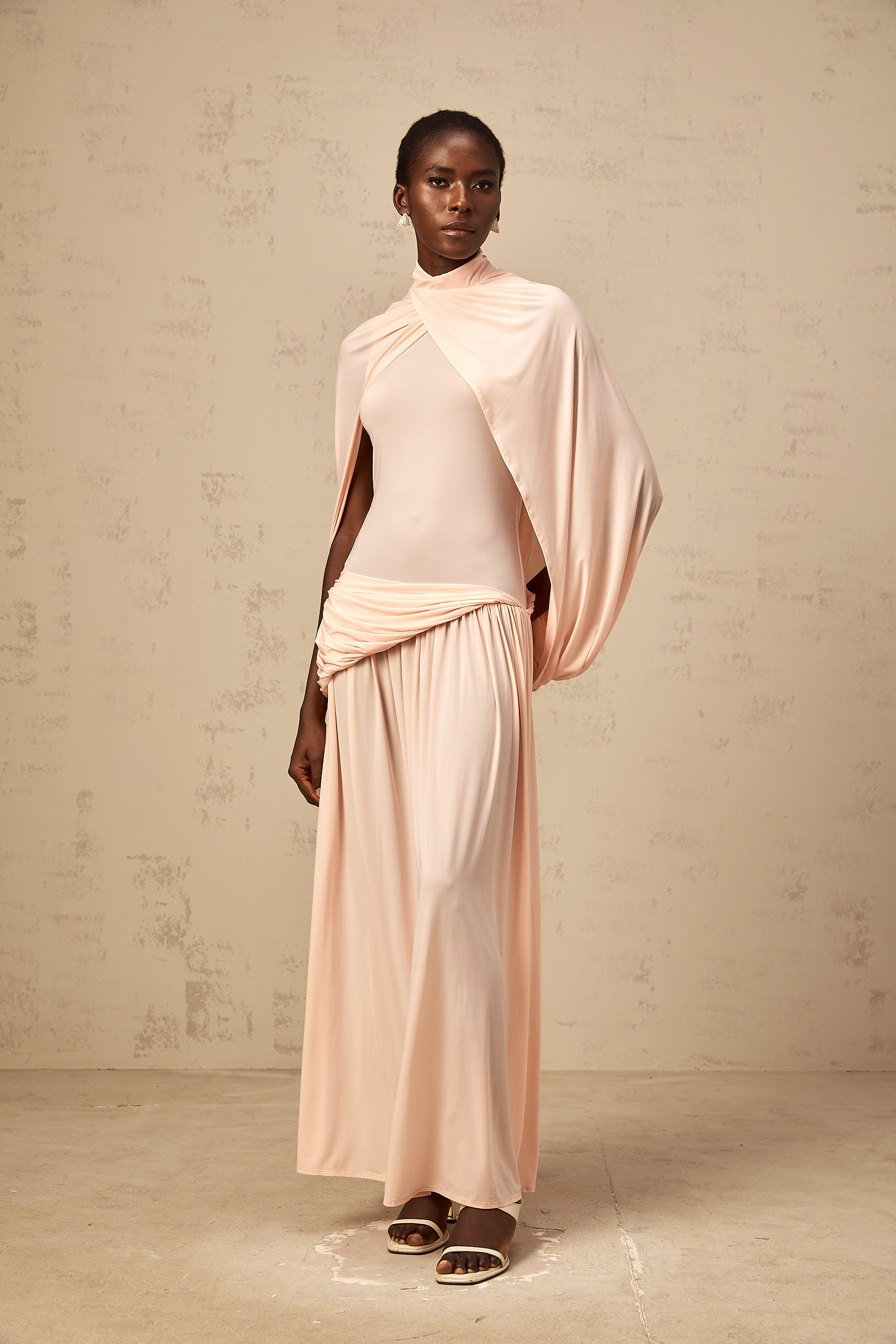Sacha pink cape-design asymmetrical maxi dress