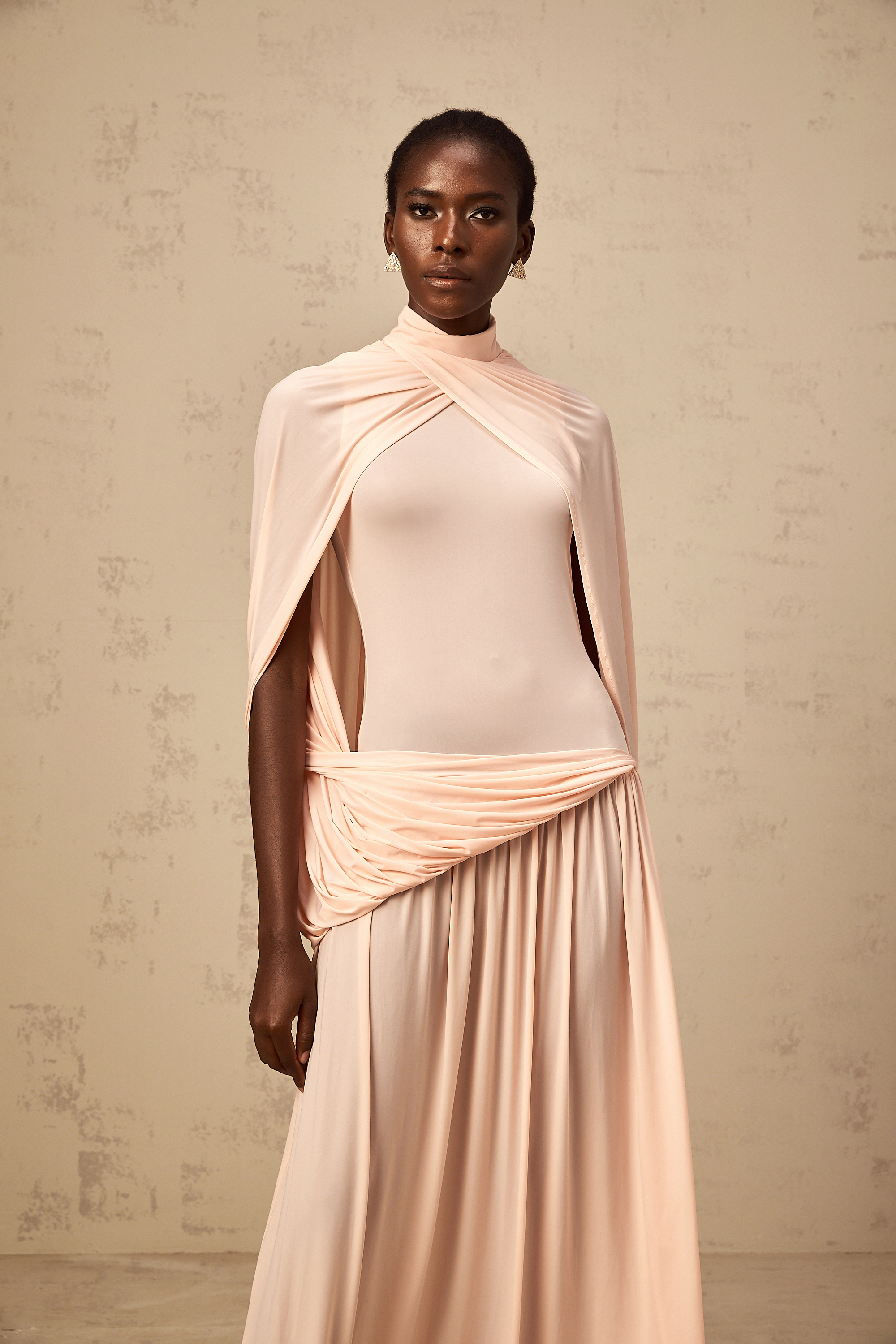 Sacha pink cape-design asymmetrical maxi dress