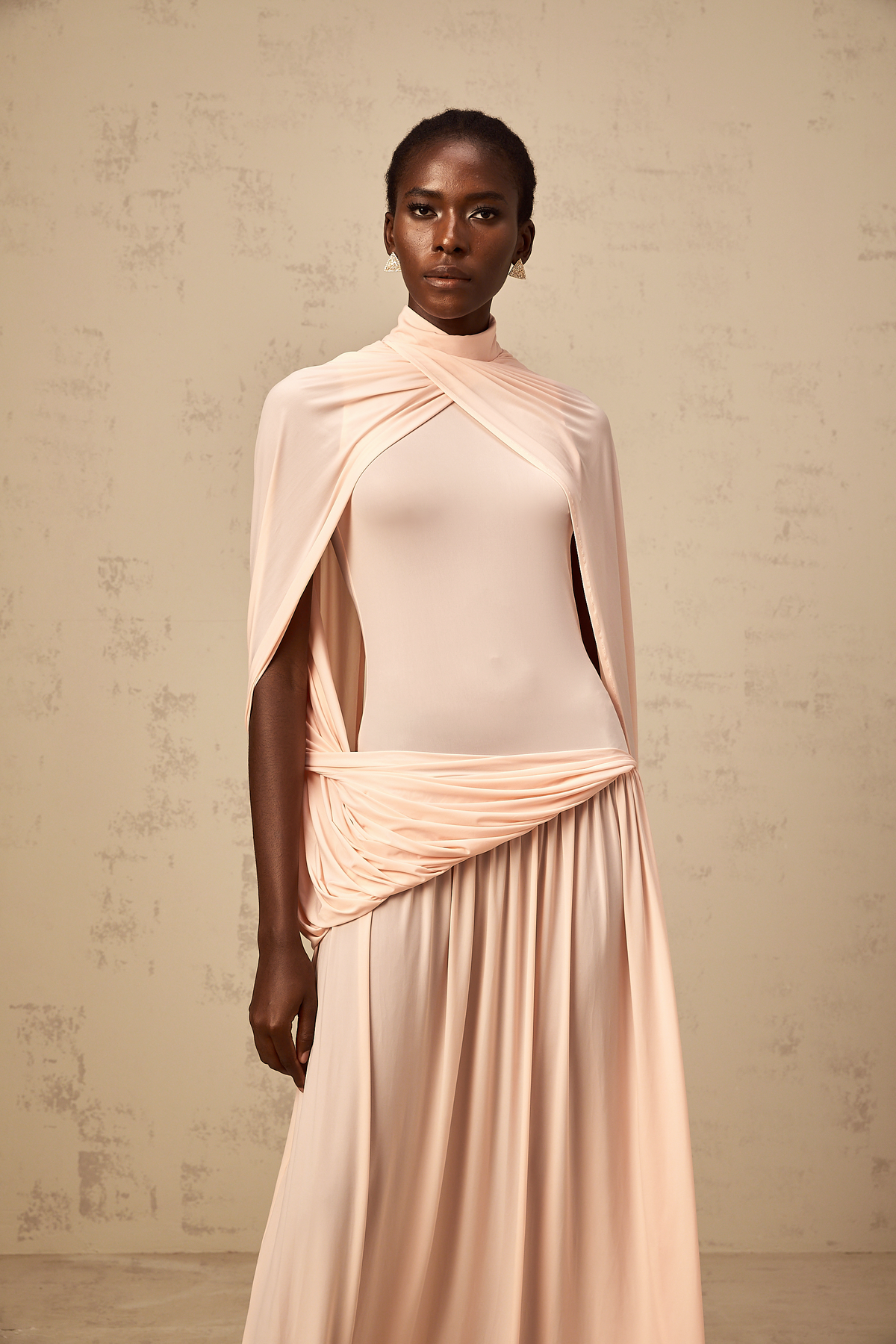 Sacha pink cape-design asymmetrical maxi dress