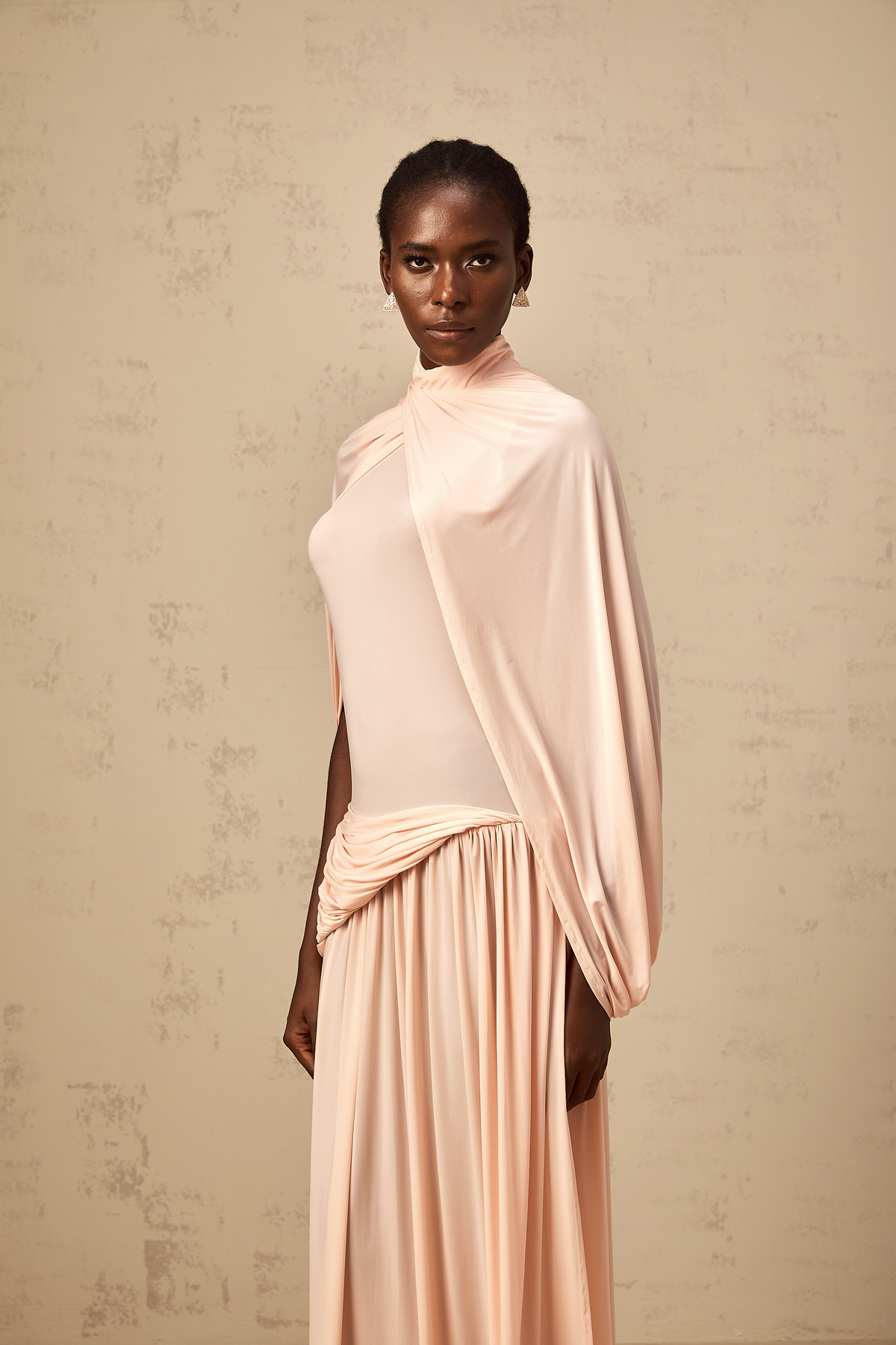 Sacha pink cape-design asymmetrical maxi dress