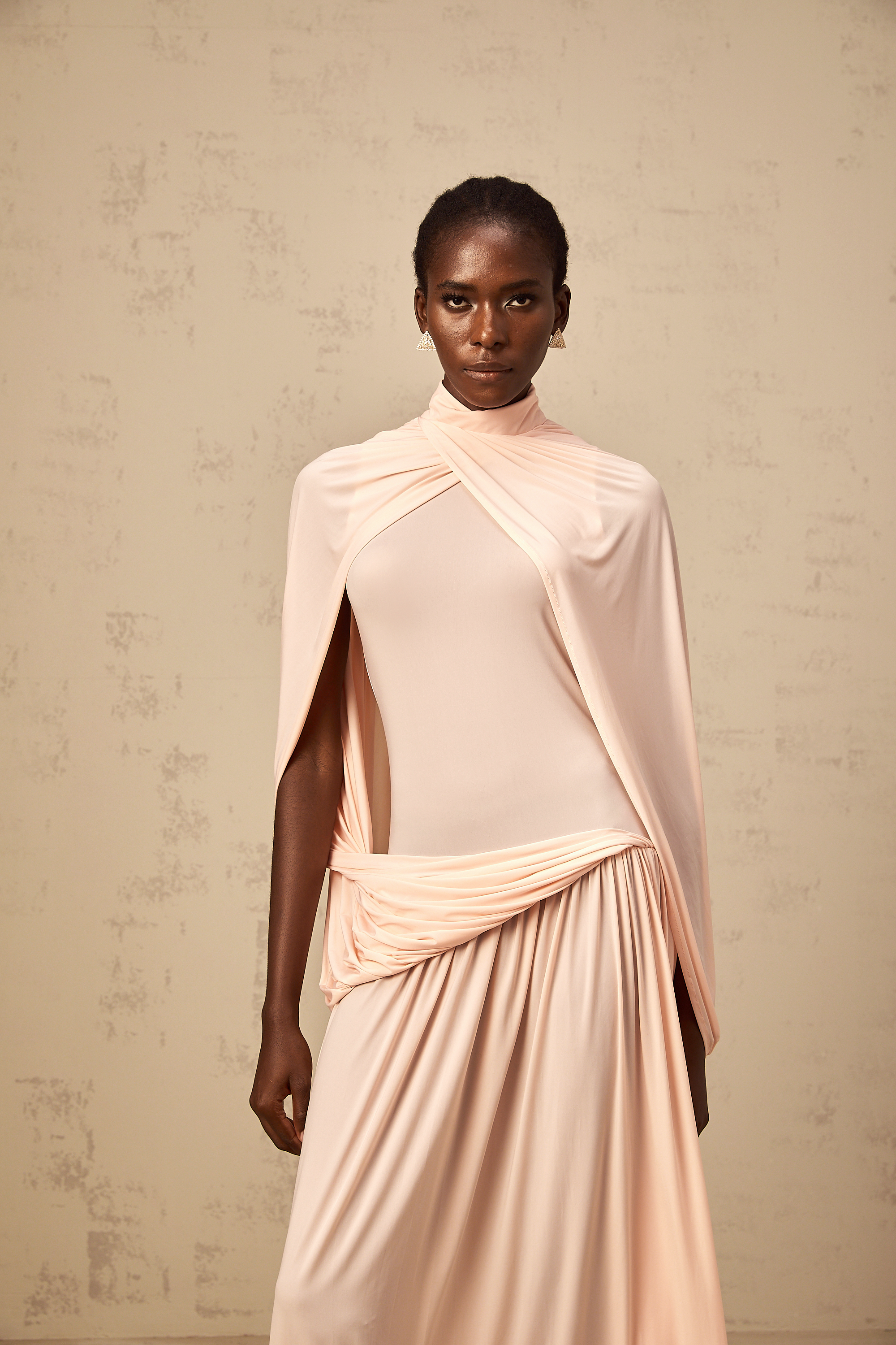 Sacha pink cape-design asymmetrical maxi dress
