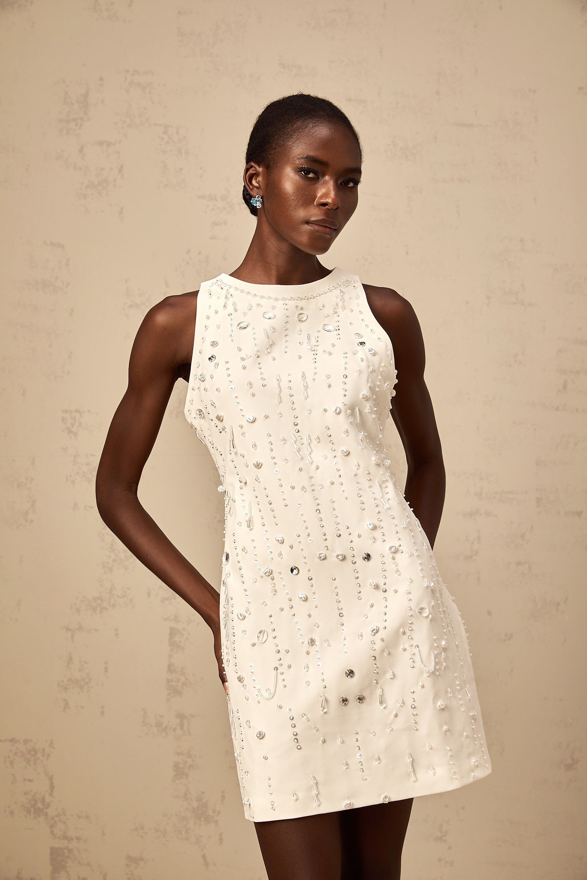 Flavie white A-line embellished mini dress