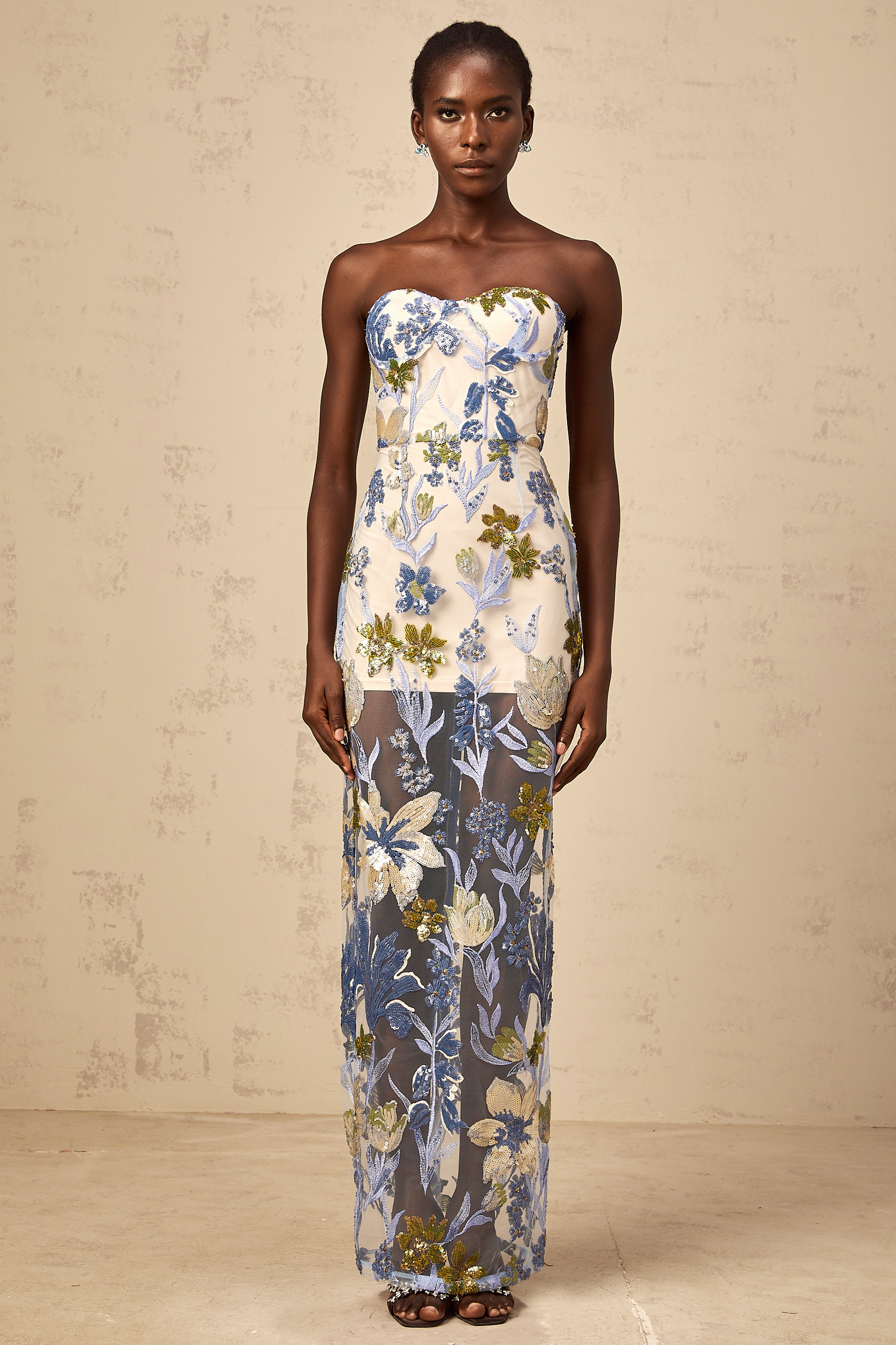 Patricia blue sequined flower-embroidered corset tulle maxi dress