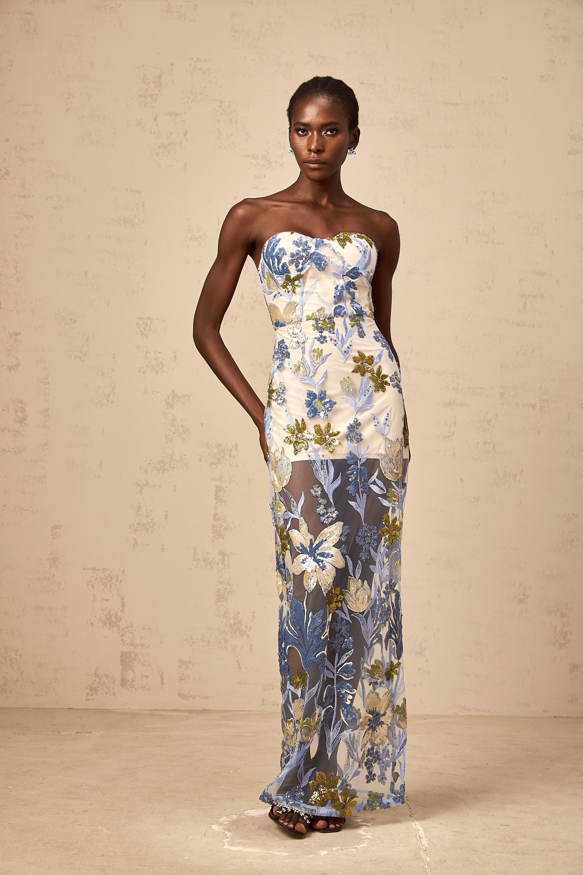 Patricia blue sequined flower-embroidered corset tulle maxi dress