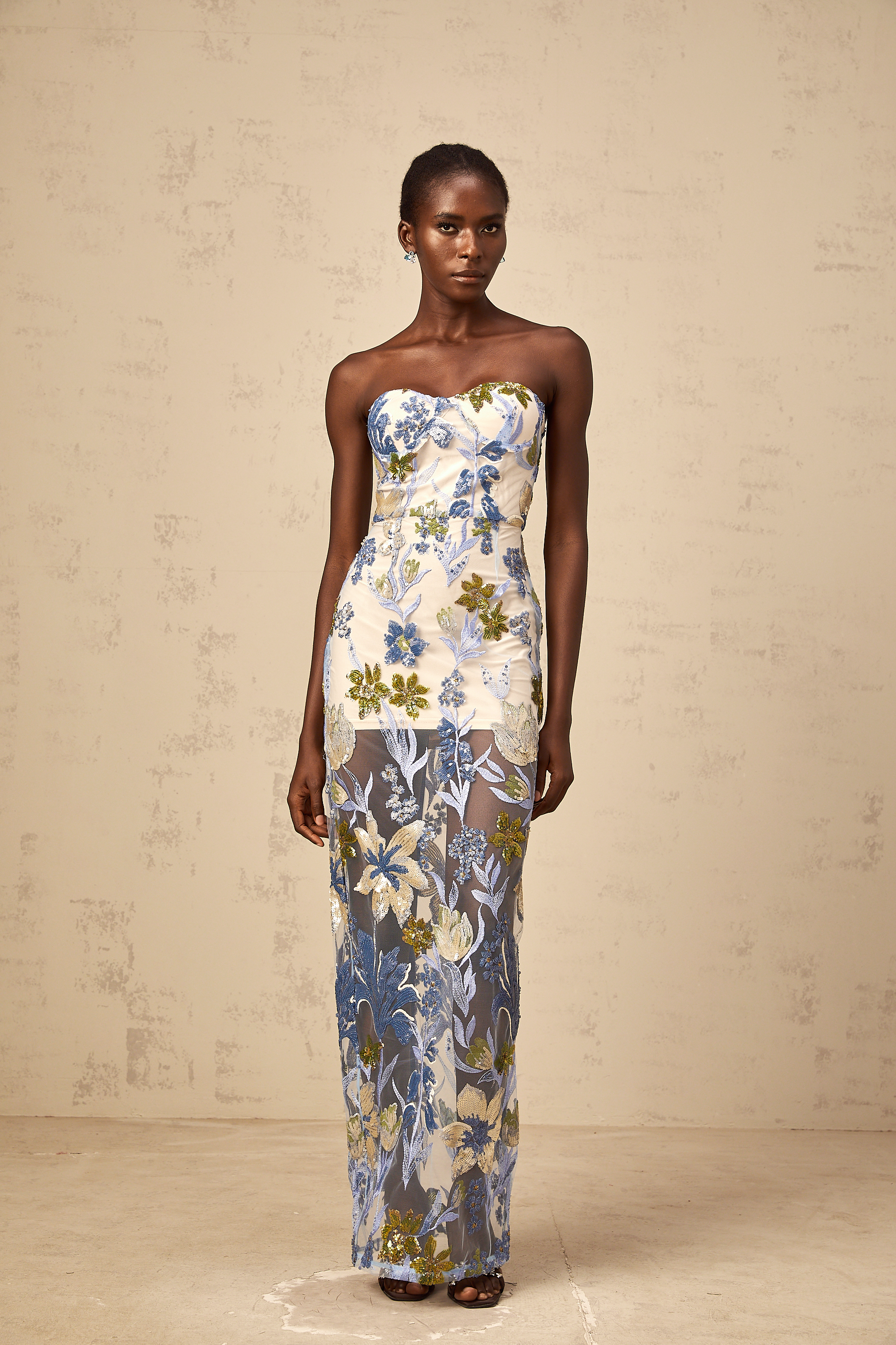 Patricia blue sequined flower-embroidered corset tulle maxi dress