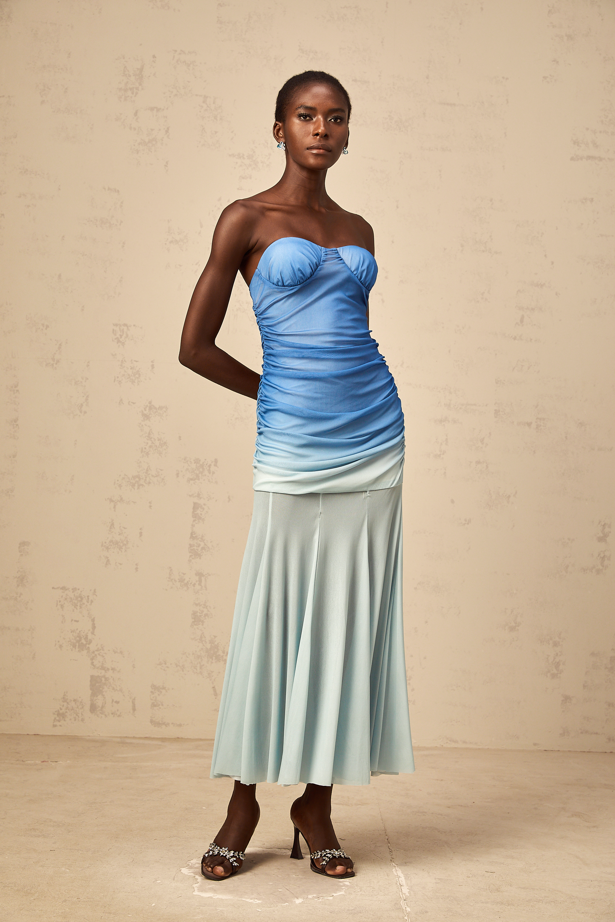 Océane blue gradient mesh midi dress