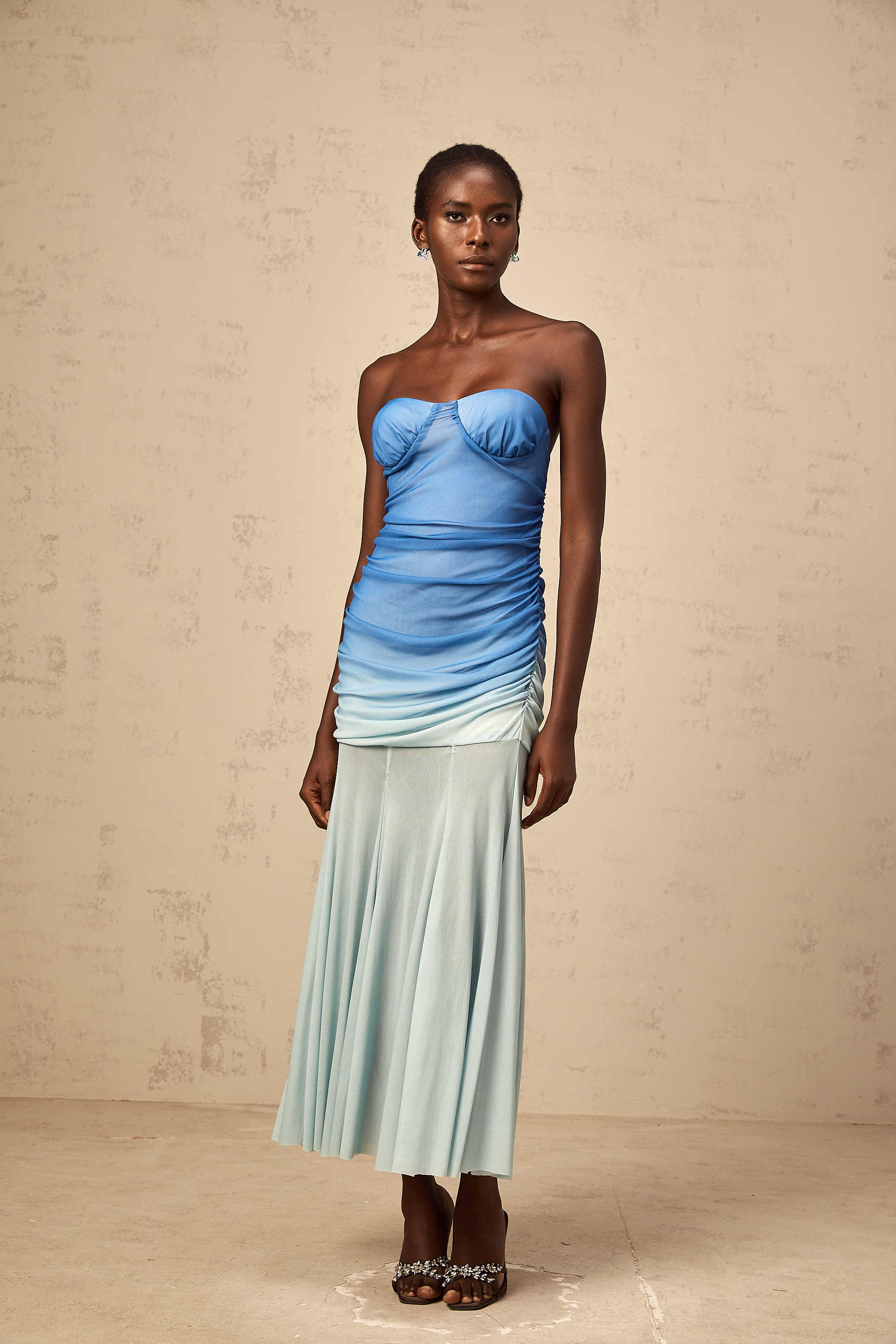 Océane blue gradient mesh midi dress