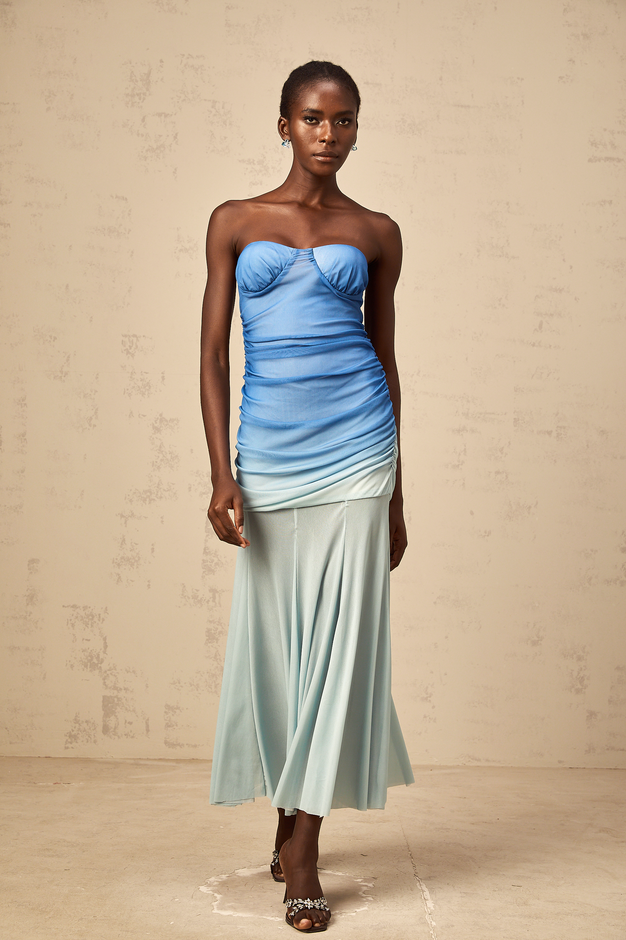 Océane blue gradient mesh midi dress
