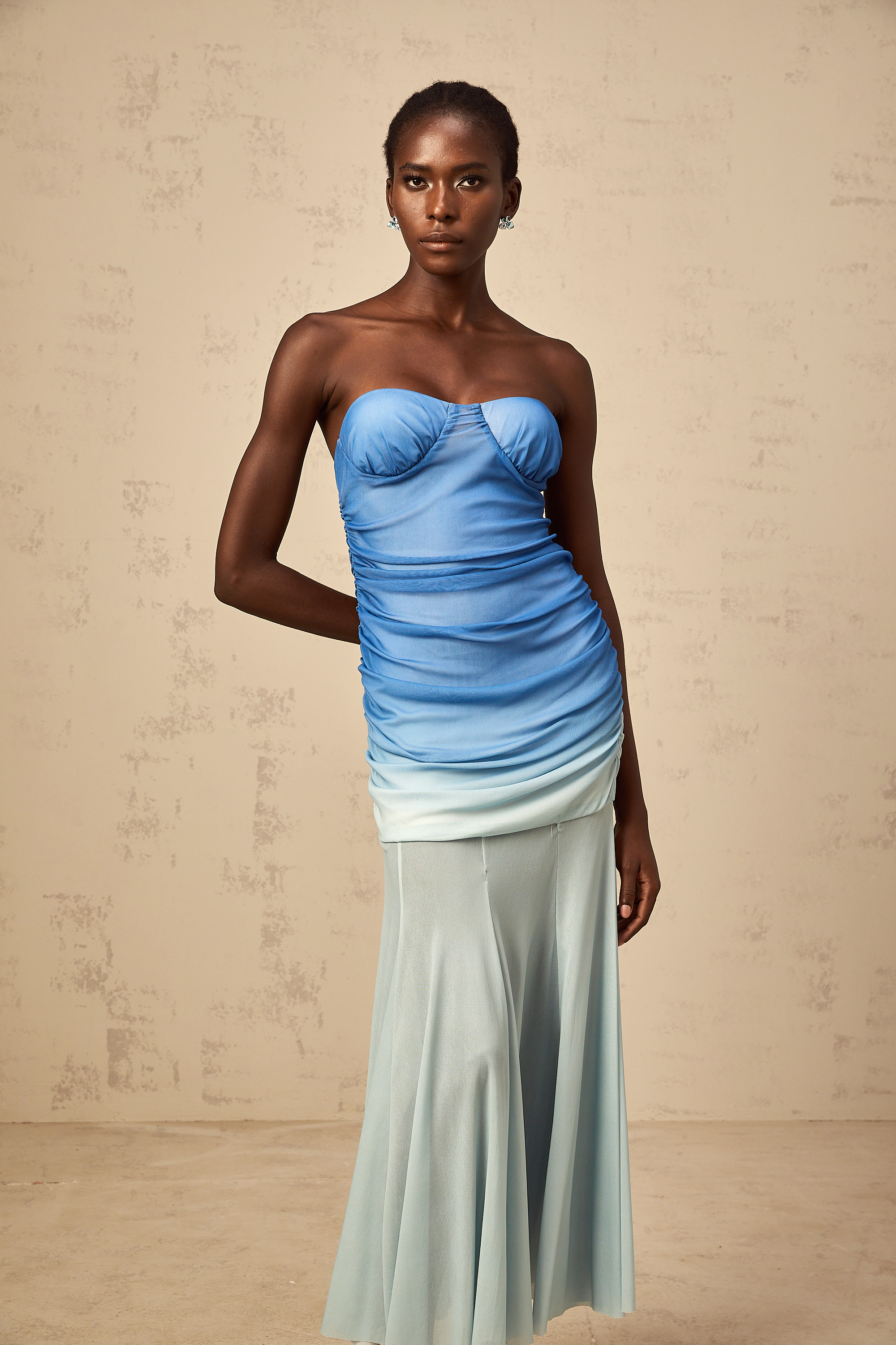 Océane blue gradient mesh midi dress