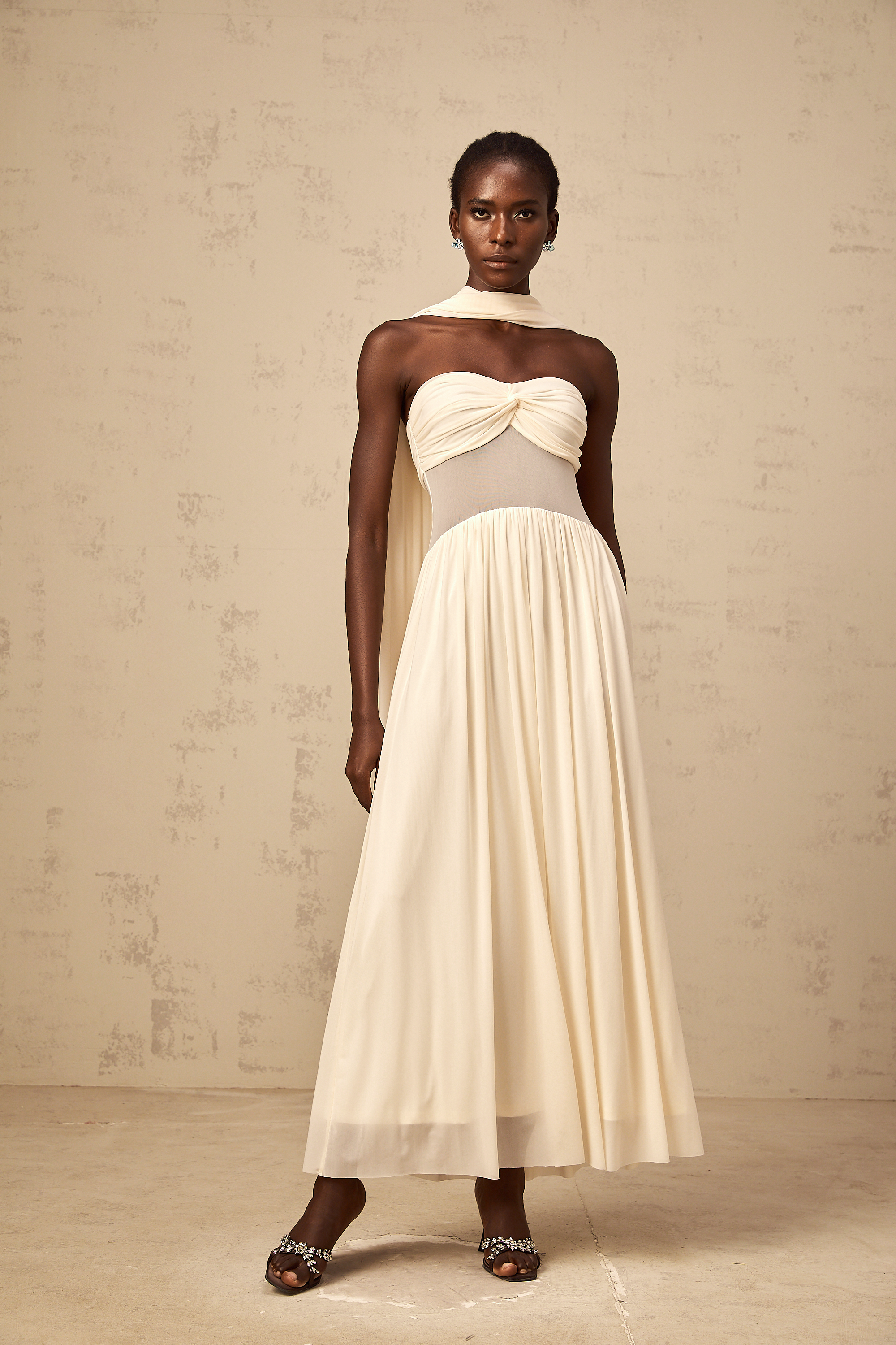 Héloïse neutrals scarf-design mesh midi dress