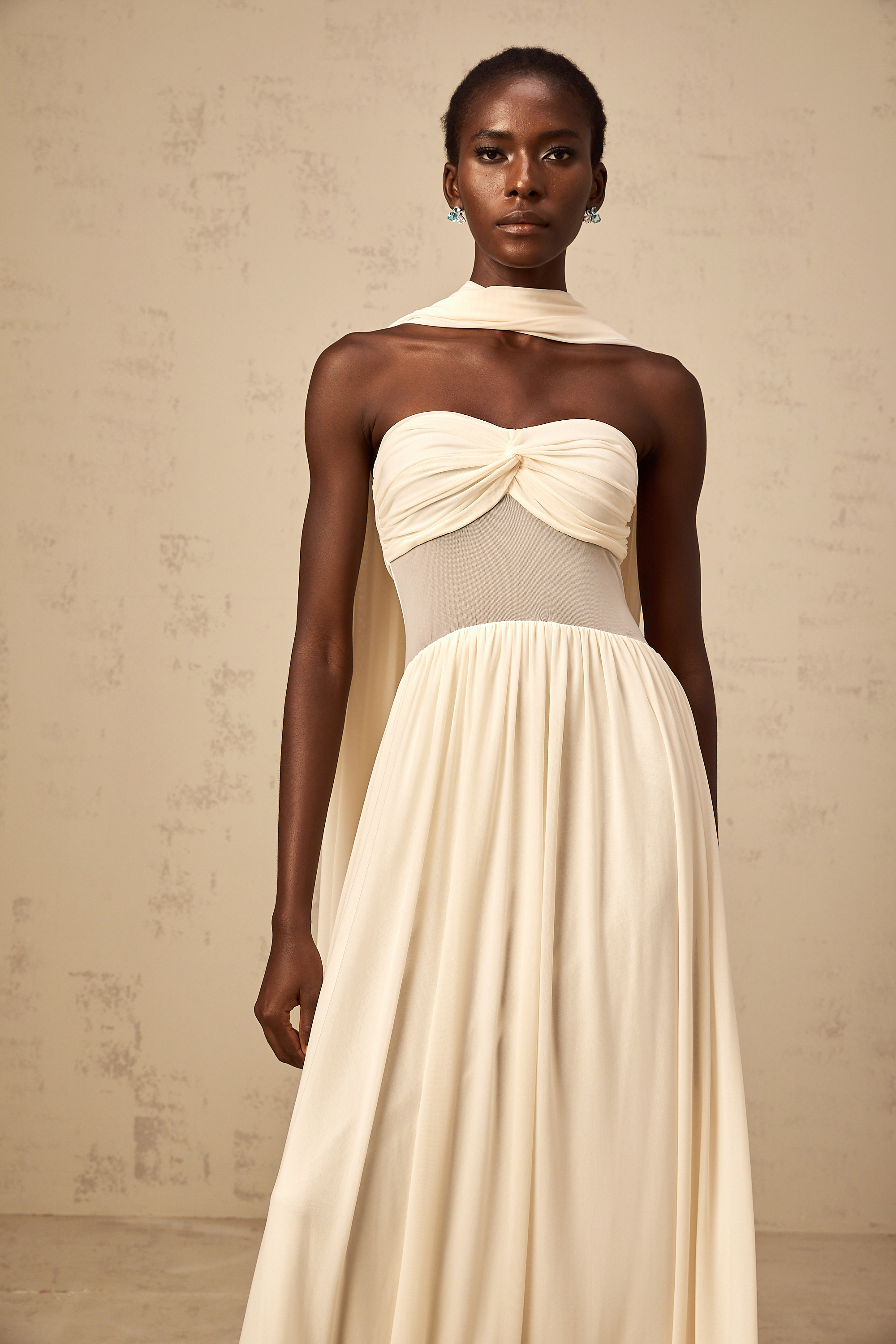 Héloïse neutrals scarf-design mesh midi dress