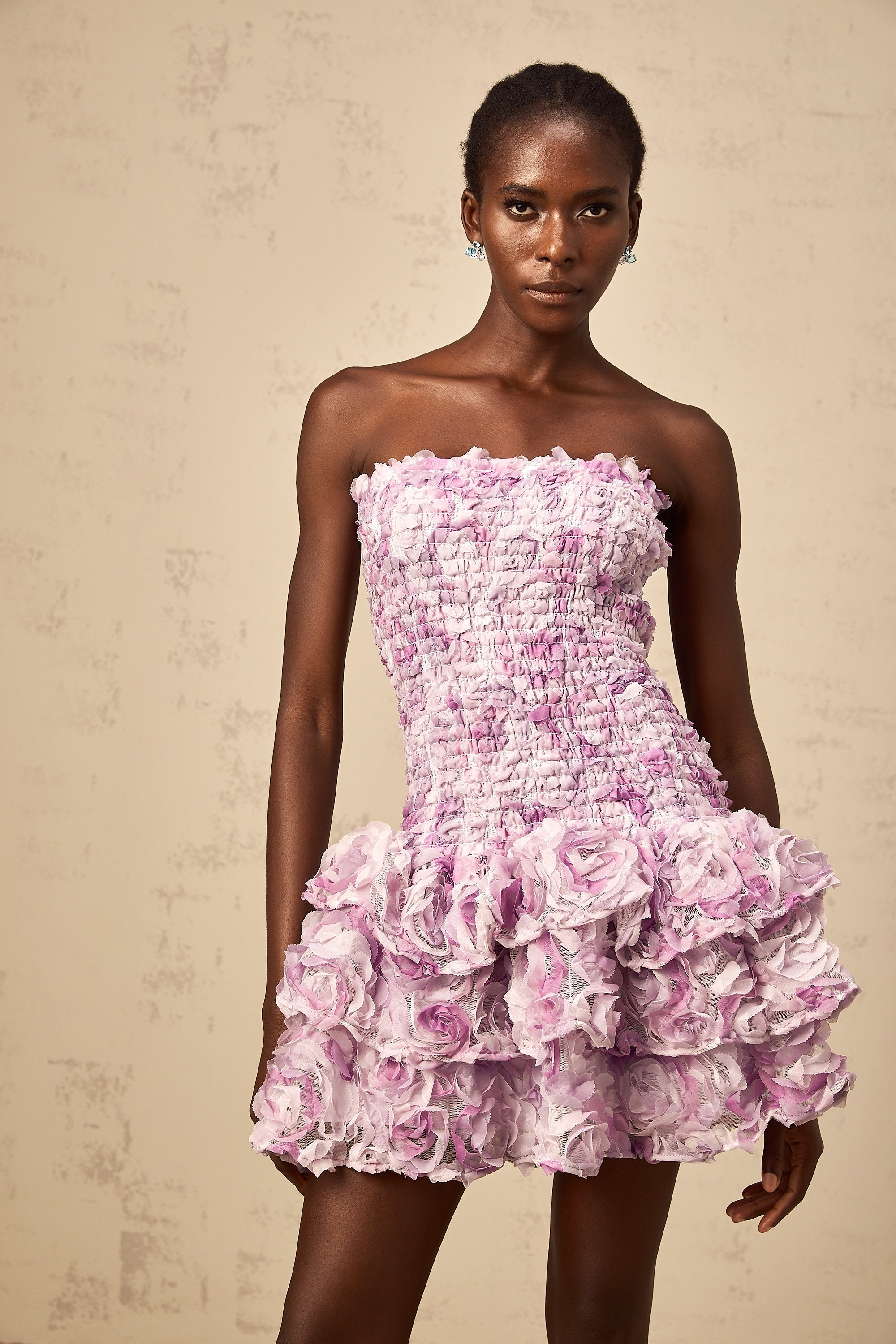 Mylène purple 3D-petal tiered tulle mini dress