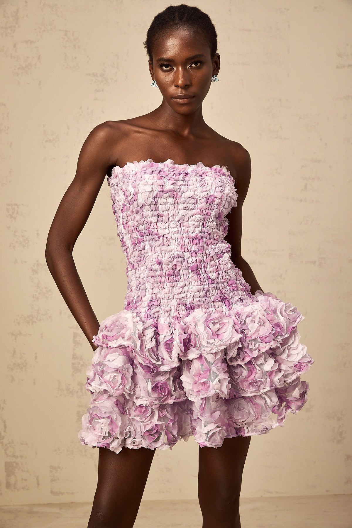 Mylène purple 3D-petal tiered tulle mini dress