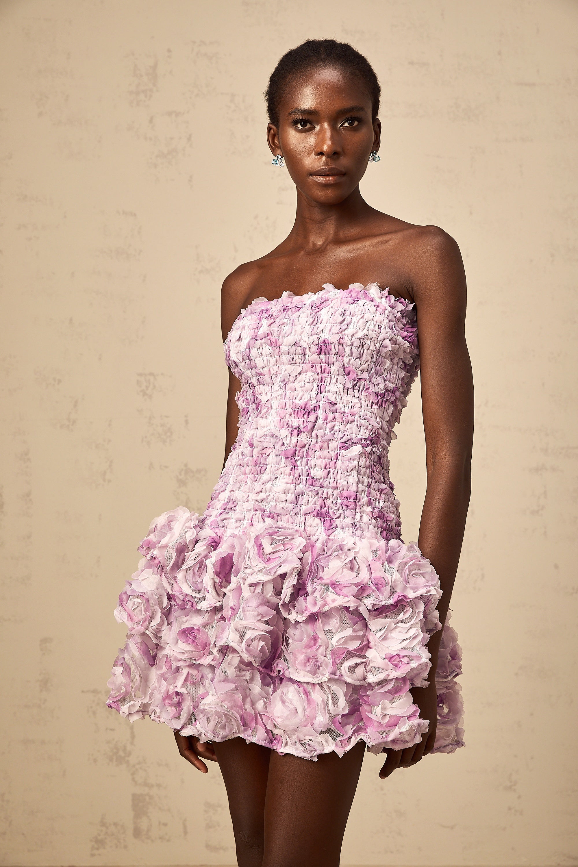 Mylène purple 3D-petal tiered tulle mini dress
