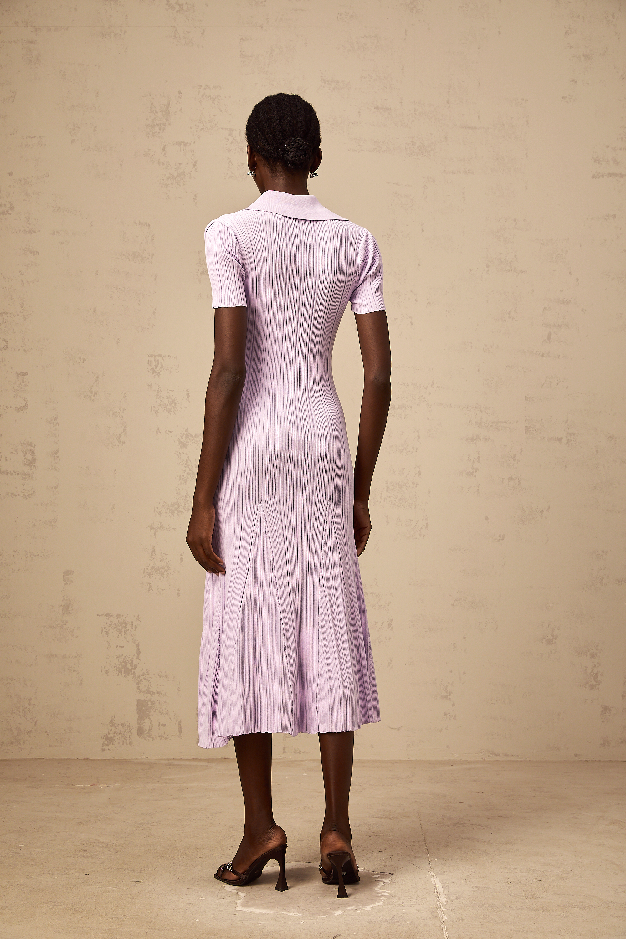 Céleste purple flared-hem rib-knit midi dress