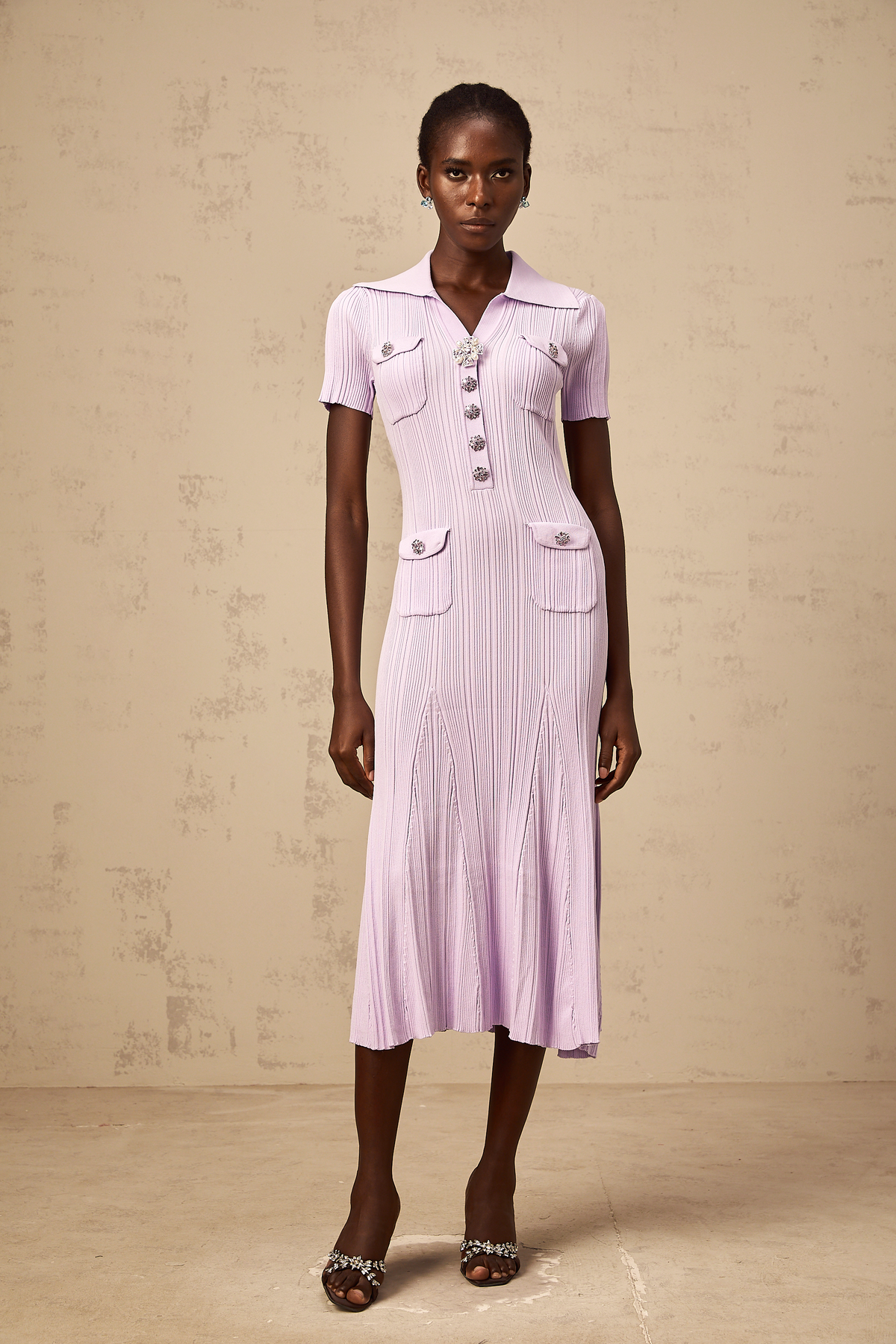 Céleste purple flared-hem rib-knit midi dress