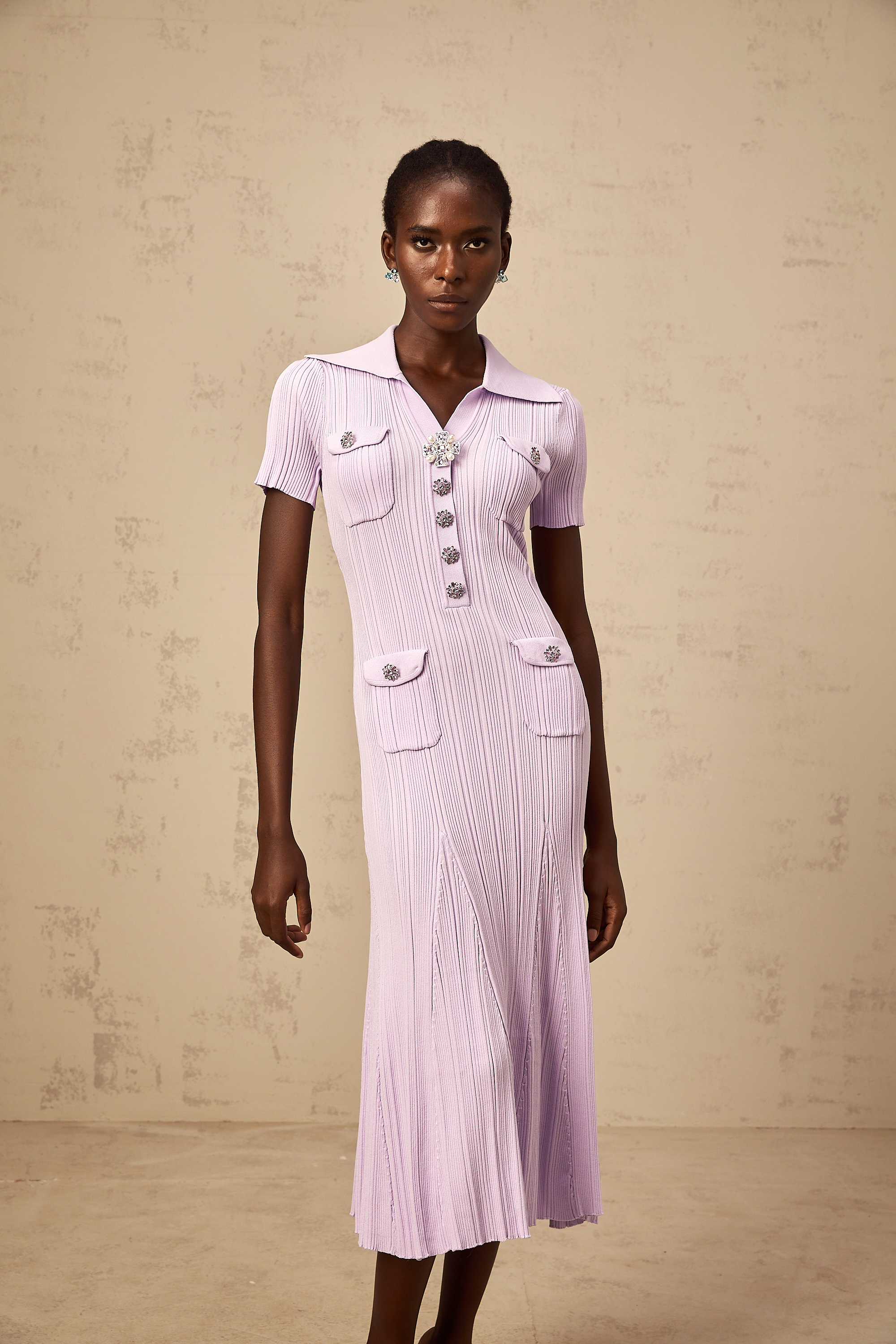 Céleste purple flared-hem rib-knit midi dress