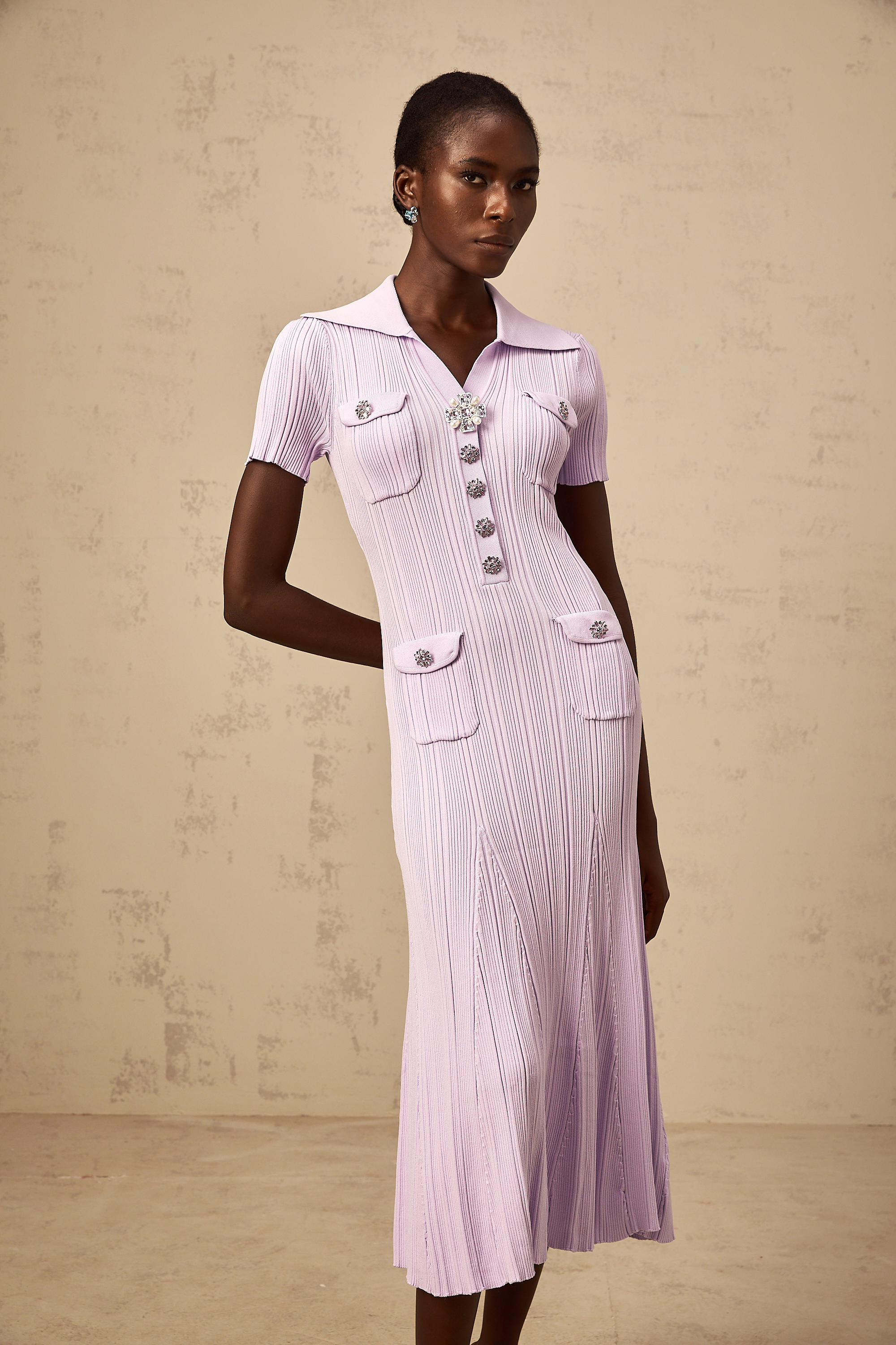 Céleste purple flared-hem rib-knit midi dress