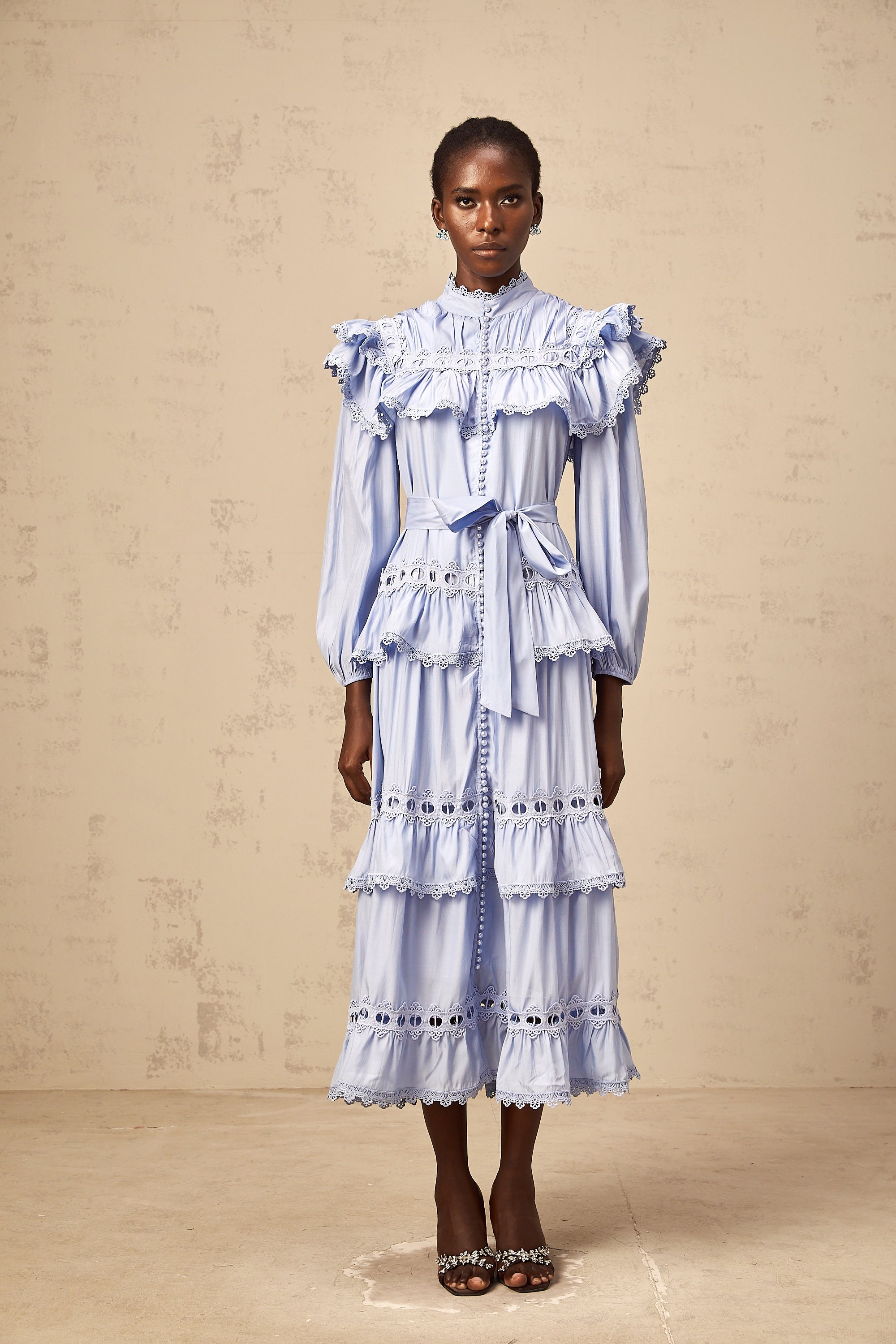 Véronique blue lace-trim tiered midi dress