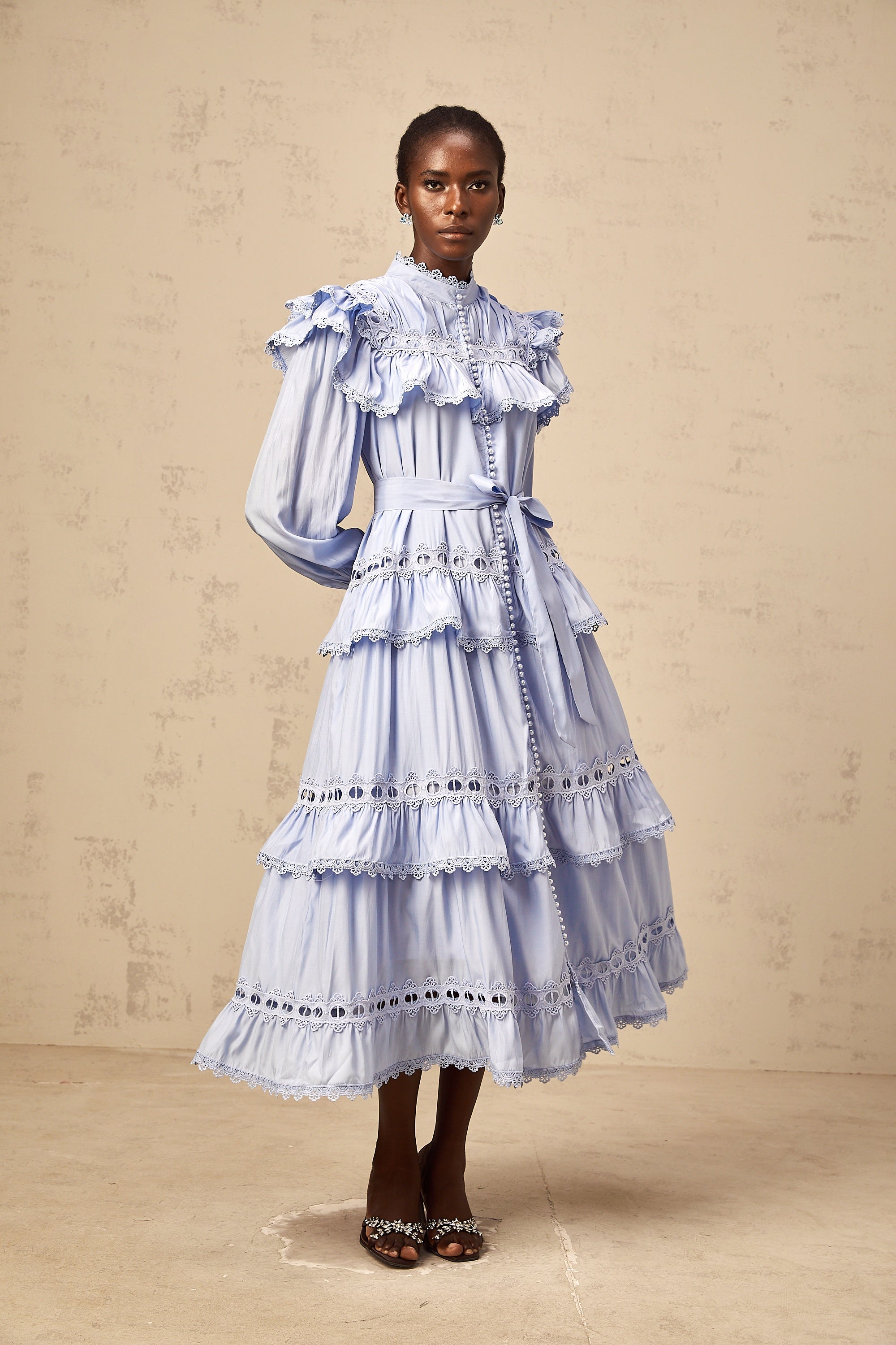 Véronique blue lace-trim tiered midi dress