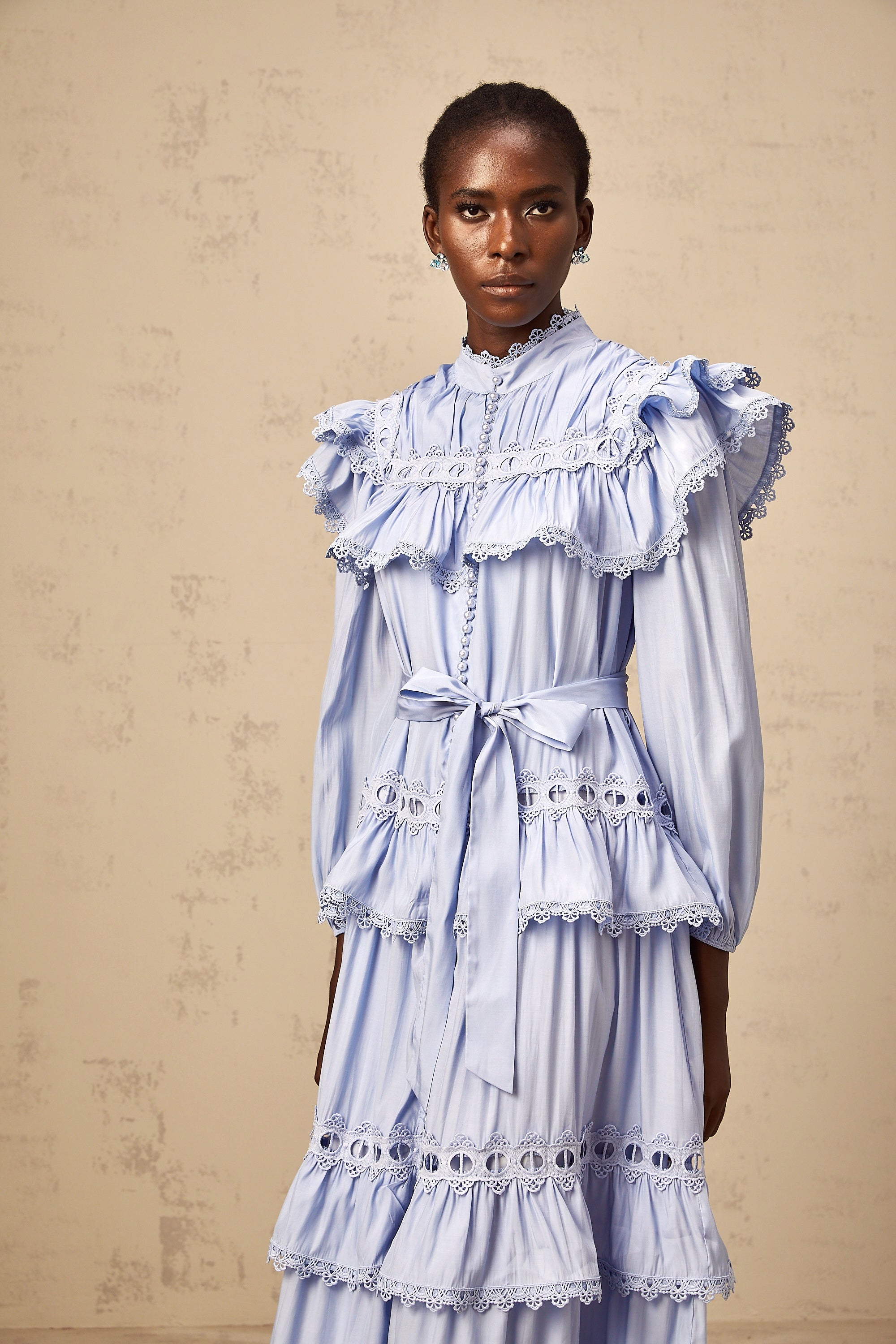 Véronique blue lace-trim tiered midi dress