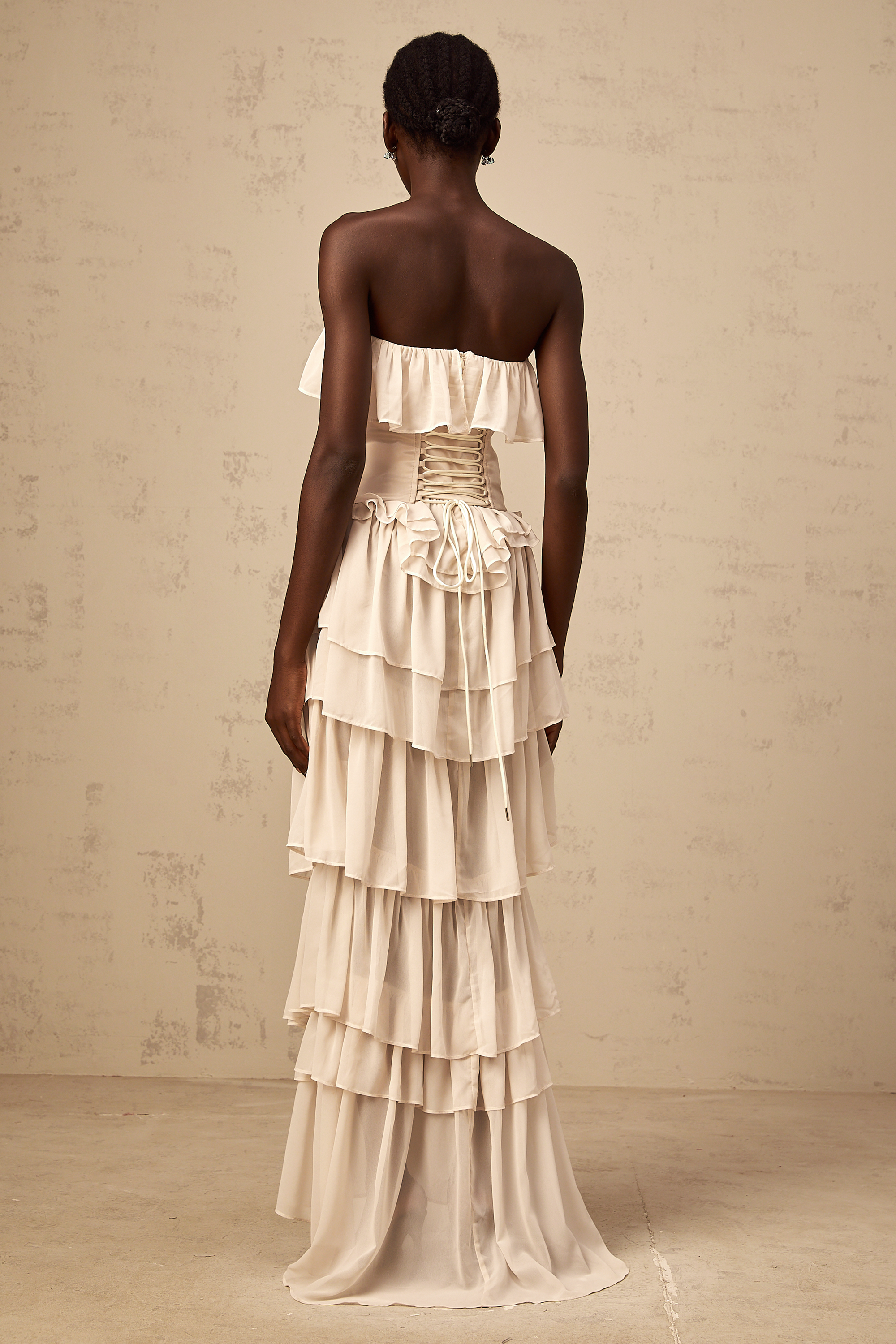 Airelle beige off-shoulder tiered corset & dress matching set