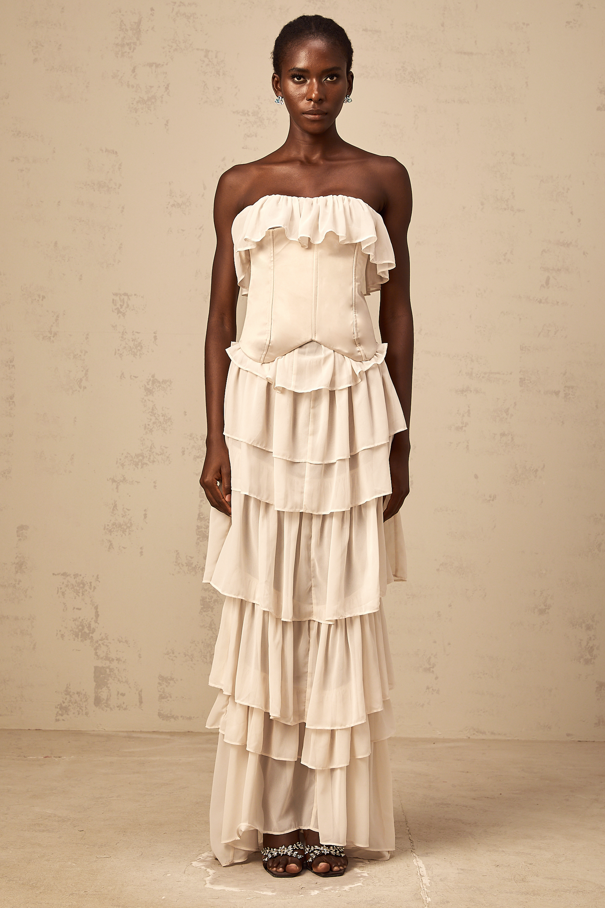 Airelle beige off-shoulder tiered corset & dress matching set