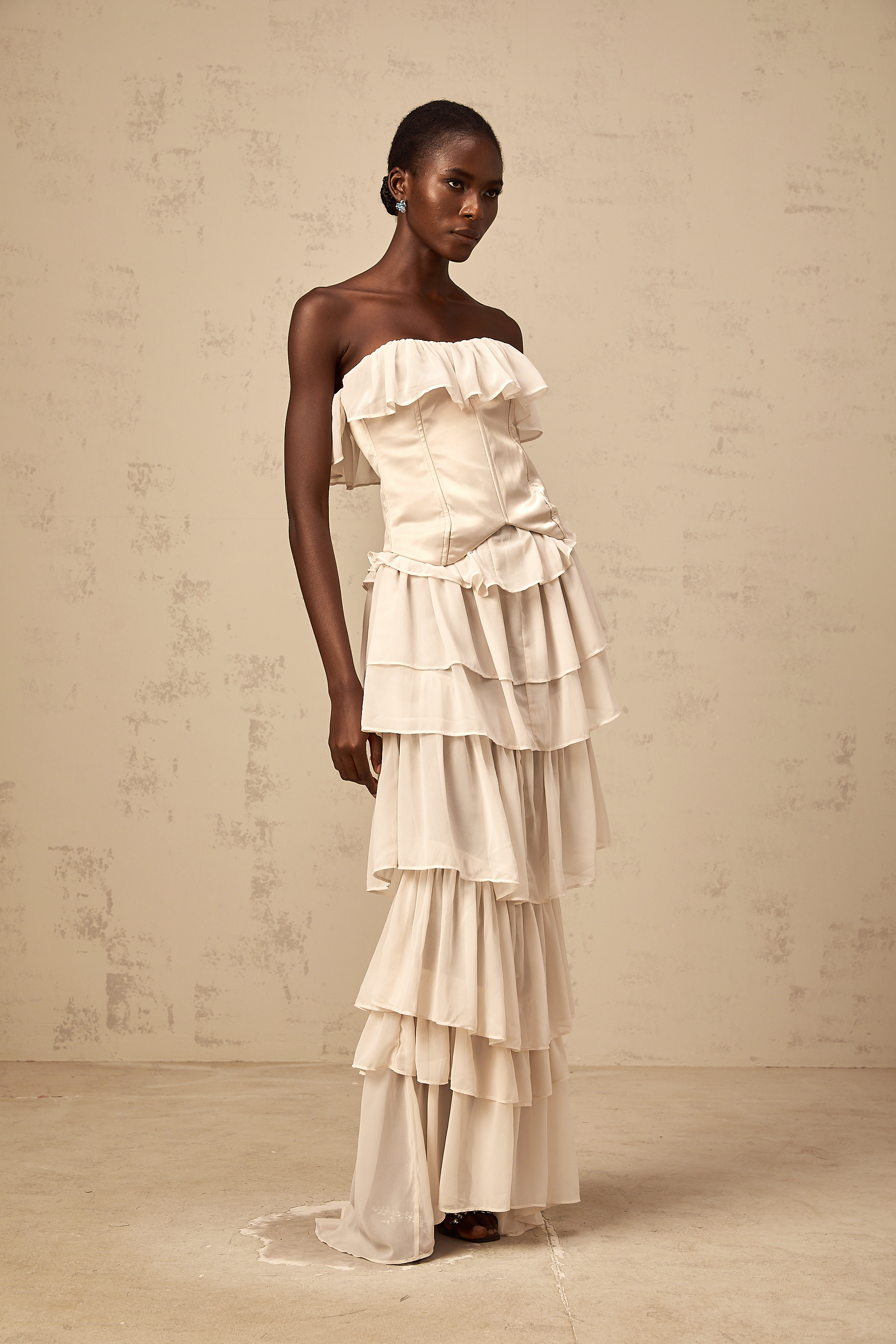 Airelle beige off-shoulder tiered corset & dress matching set