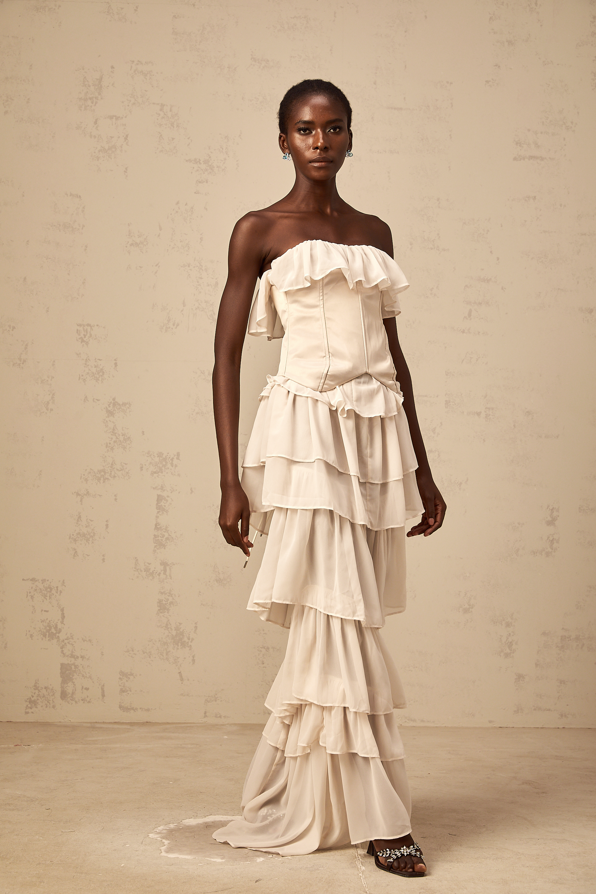 Airelle beige off-shoulder tiered corset & dress matching set