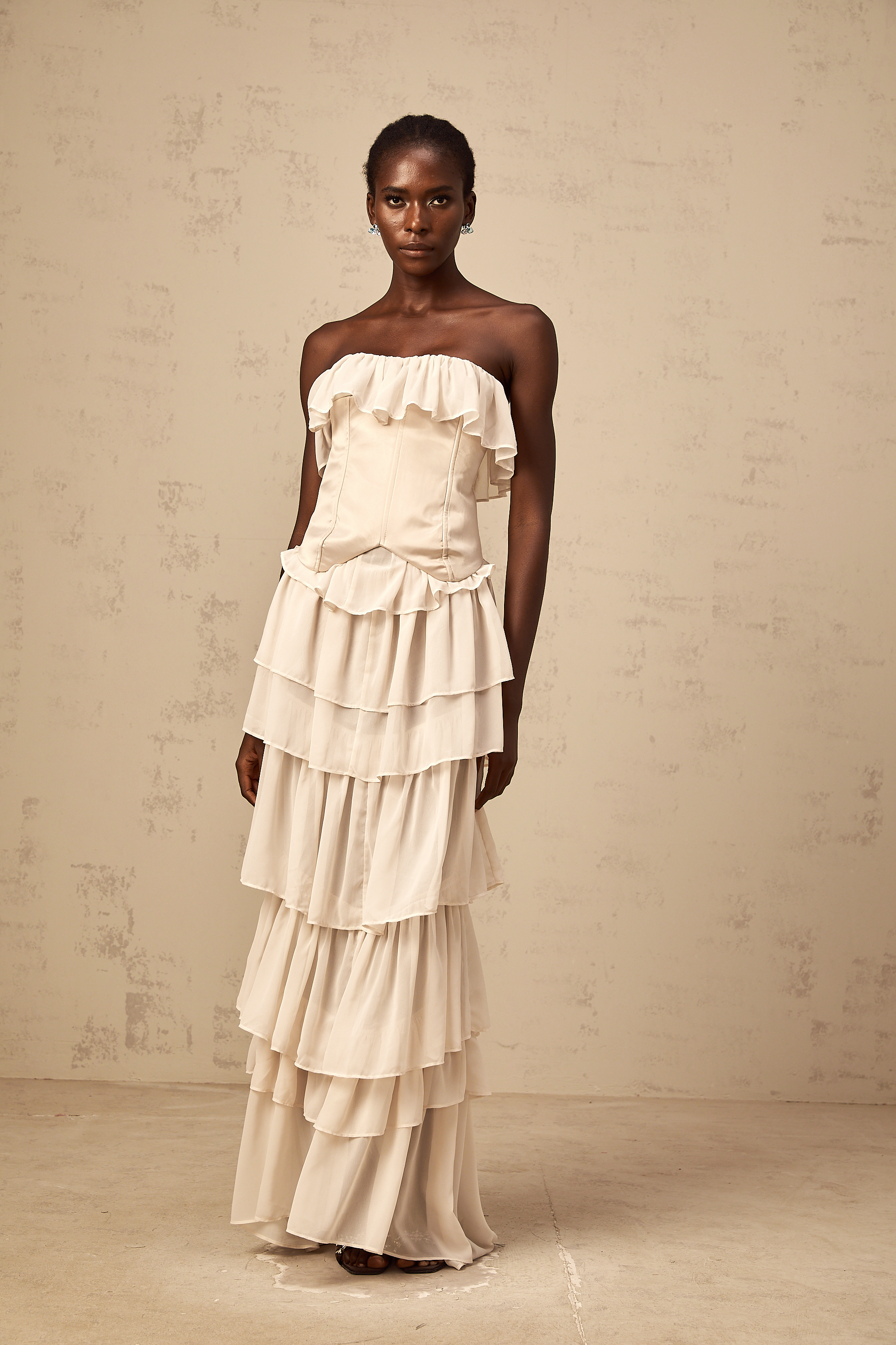 Airelle beige off-shoulder tiered corset & dress matching set