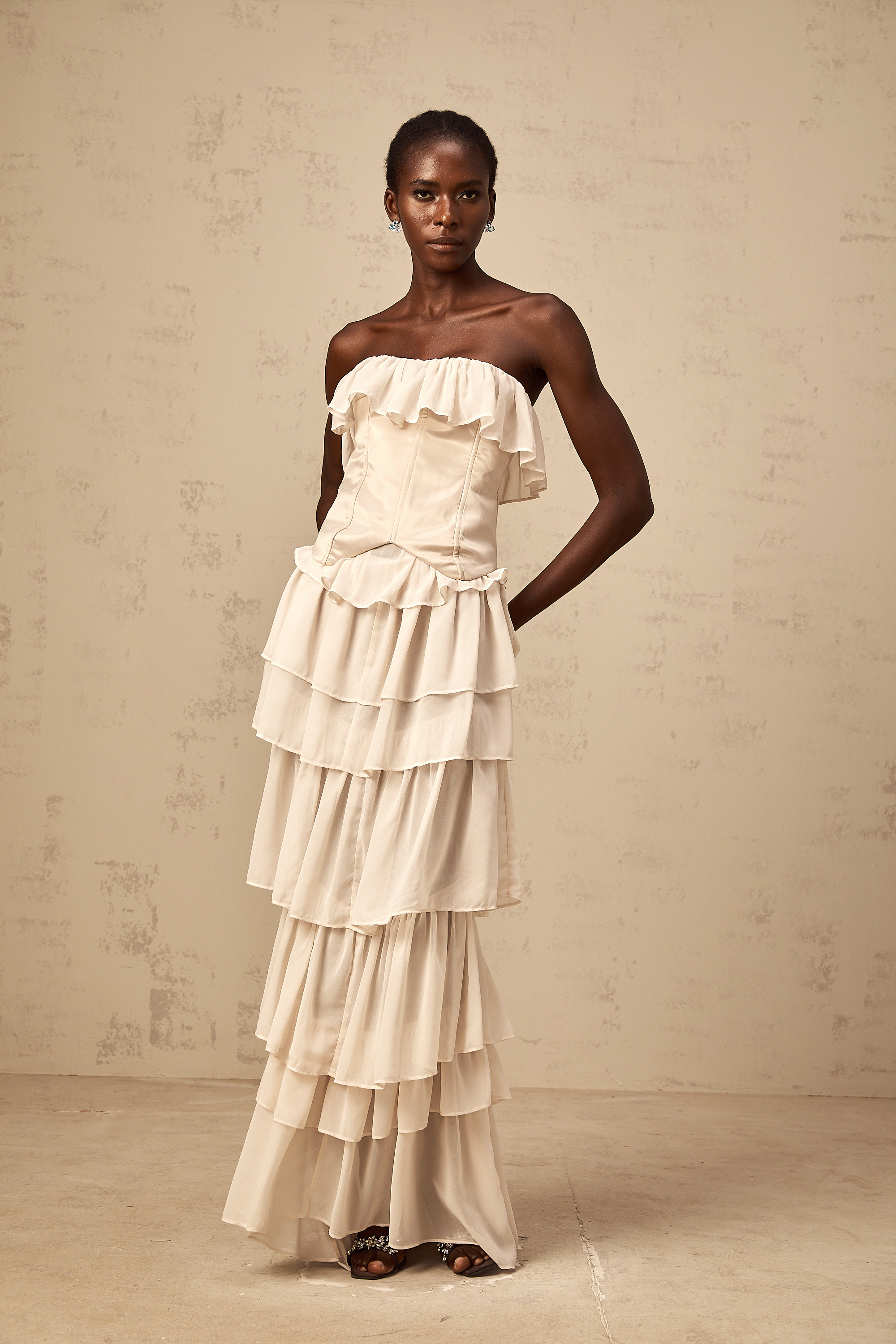 Airelle beige off-shoulder tiered corset & dress matching set