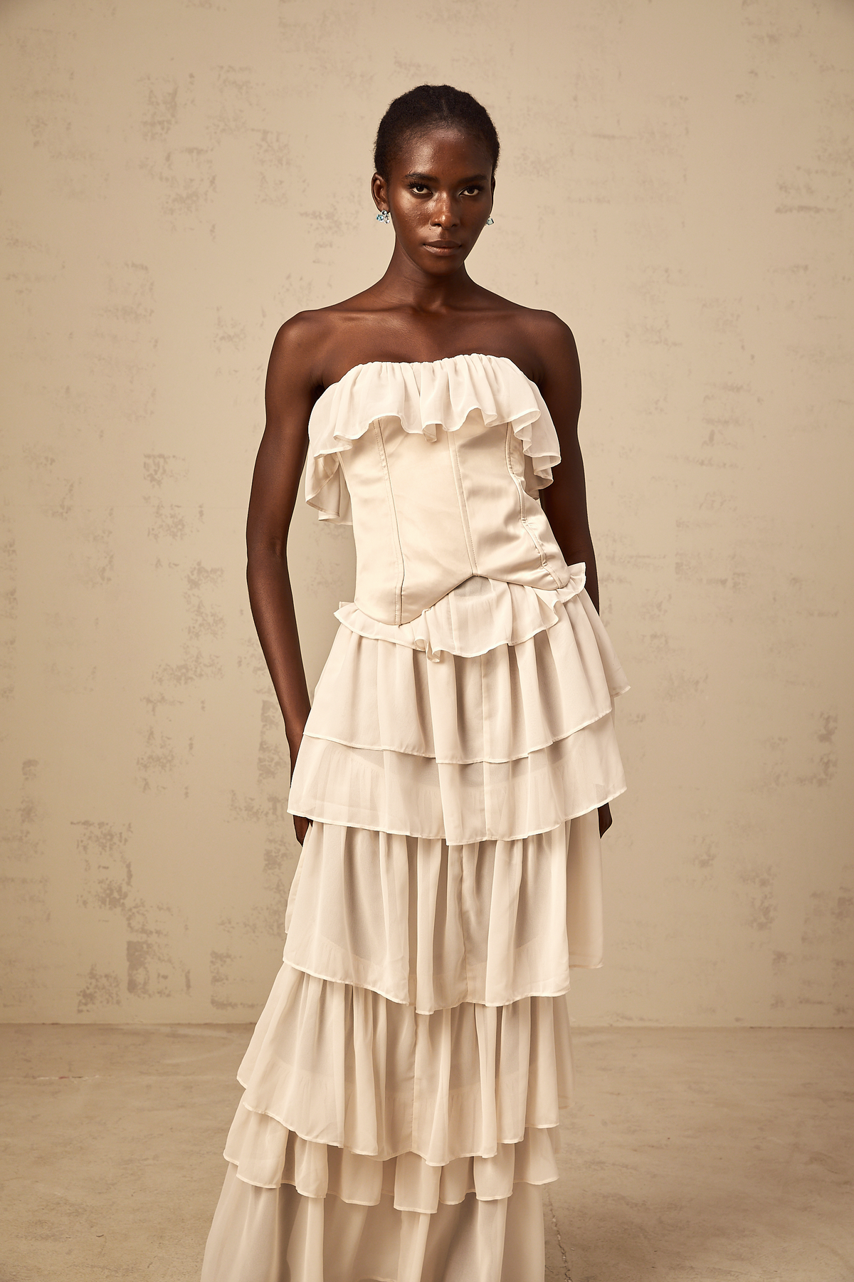 Airelle beige off-shoulder tiered corset & dress matching set