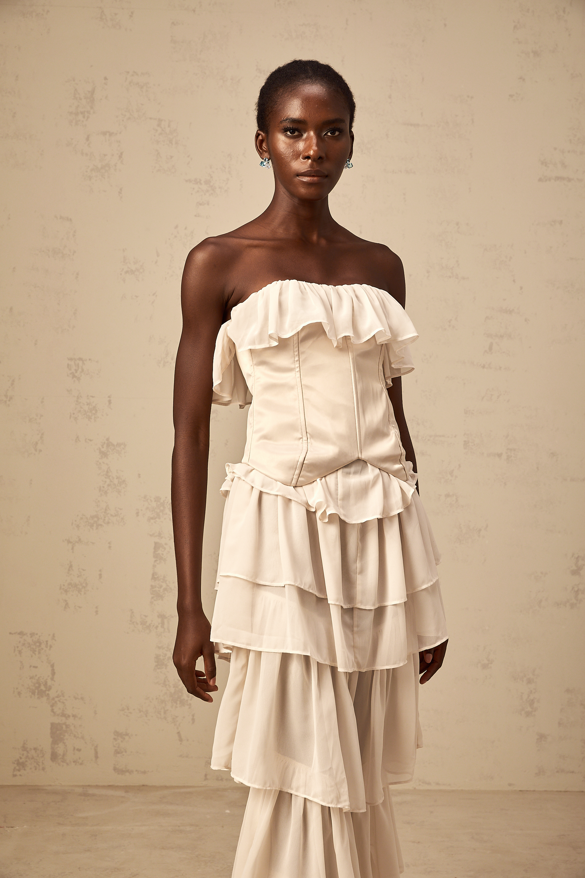 Airelle beige off-shoulder tiered corset & dress matching set