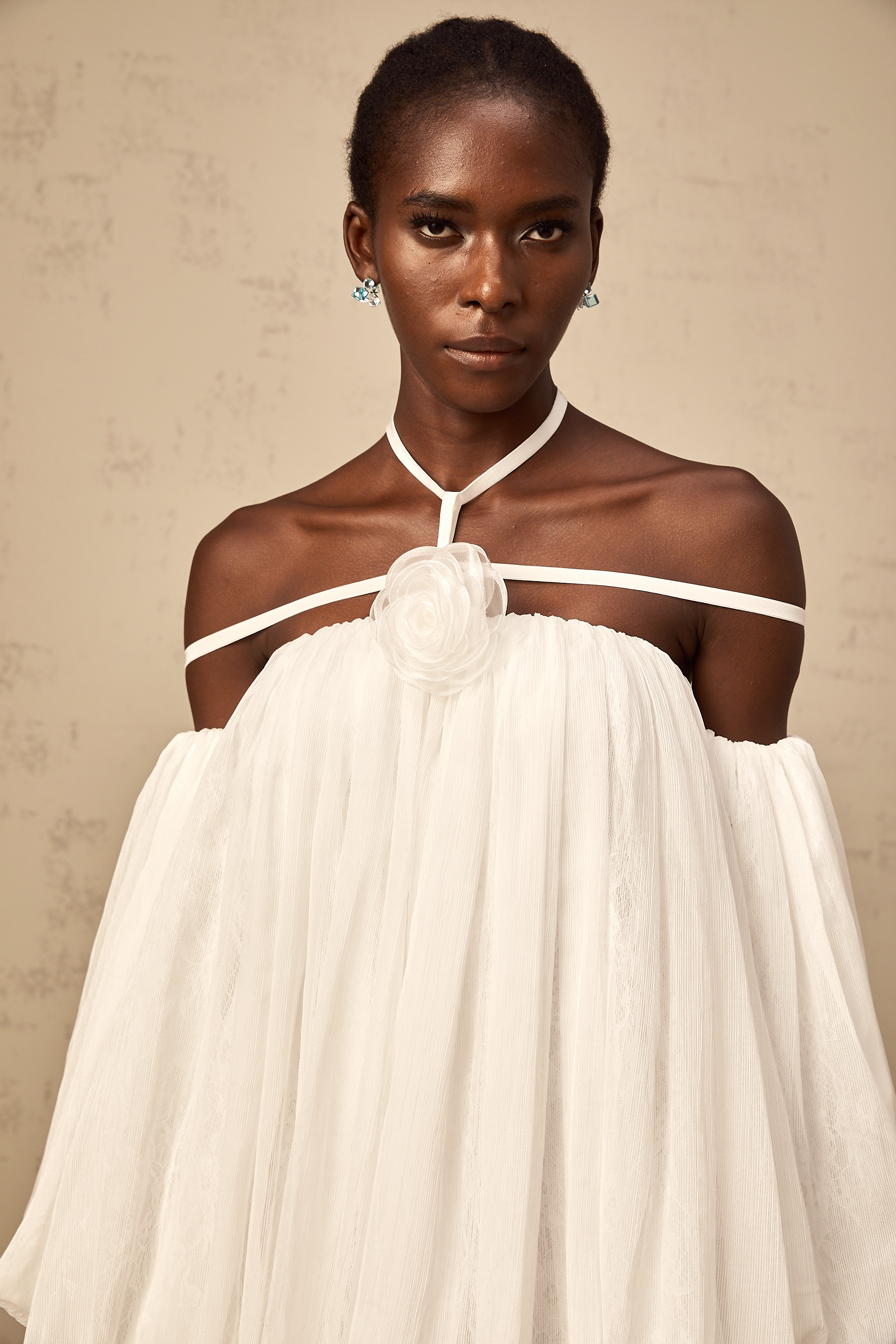 Hortense white floral-appliqué pleated tulle mini dress