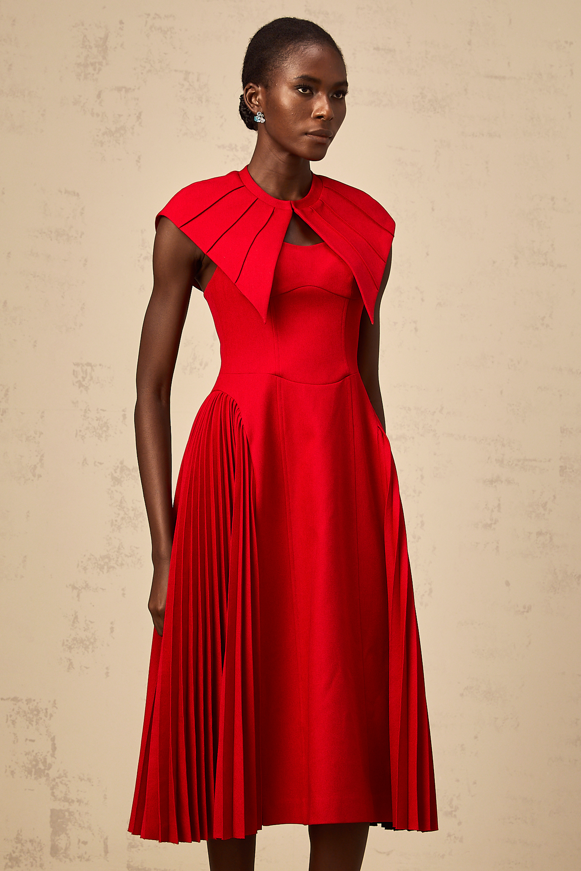 Amaryllis red cape-design pleated midi dress