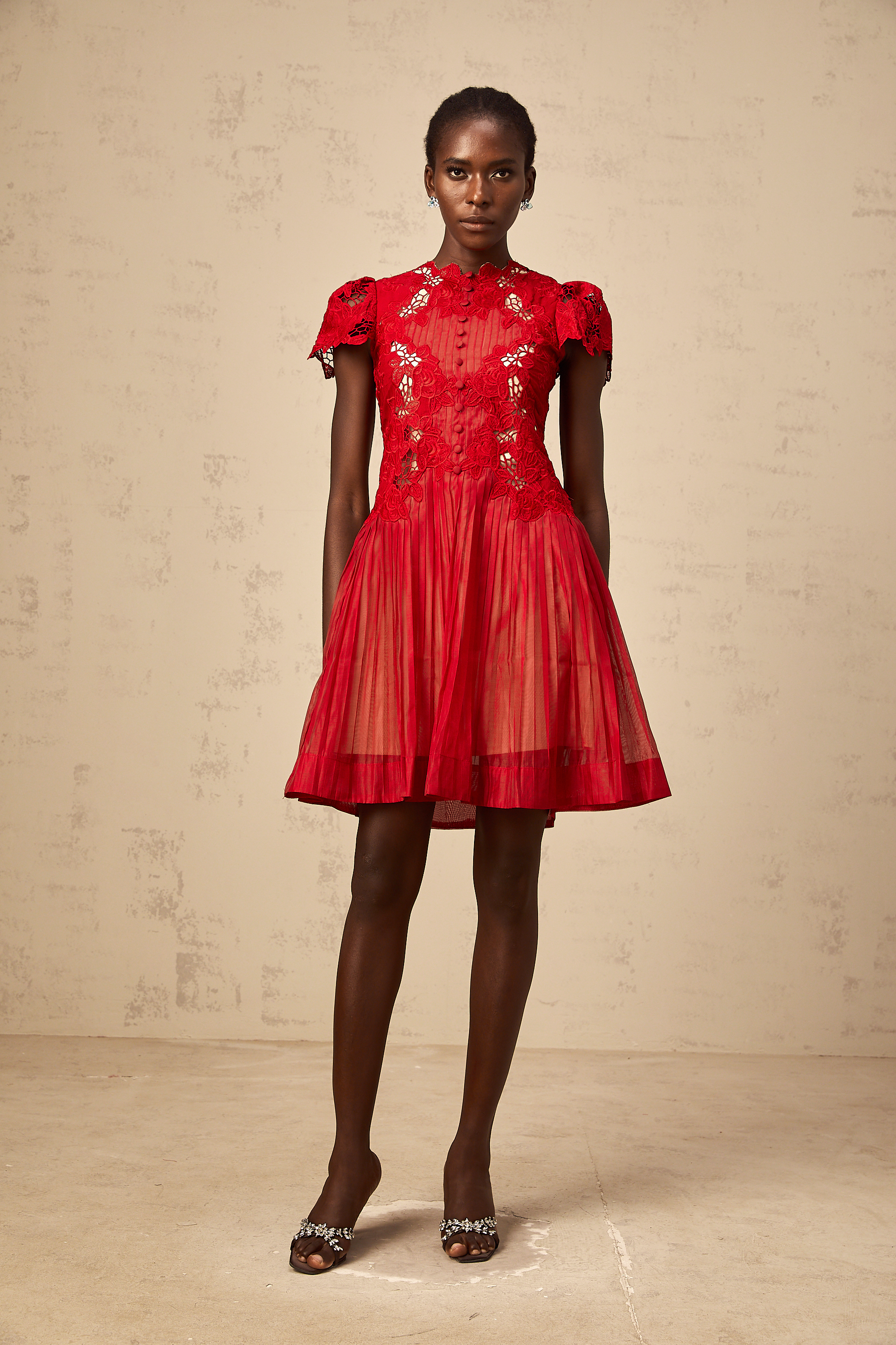 Corinne red flower-embroidered pleated mini dress