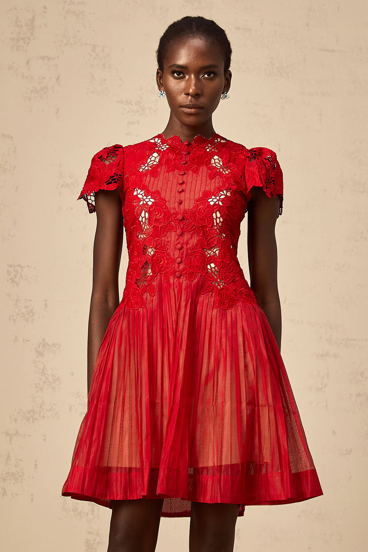 Corinne red flower-embroidered pleated mini dress