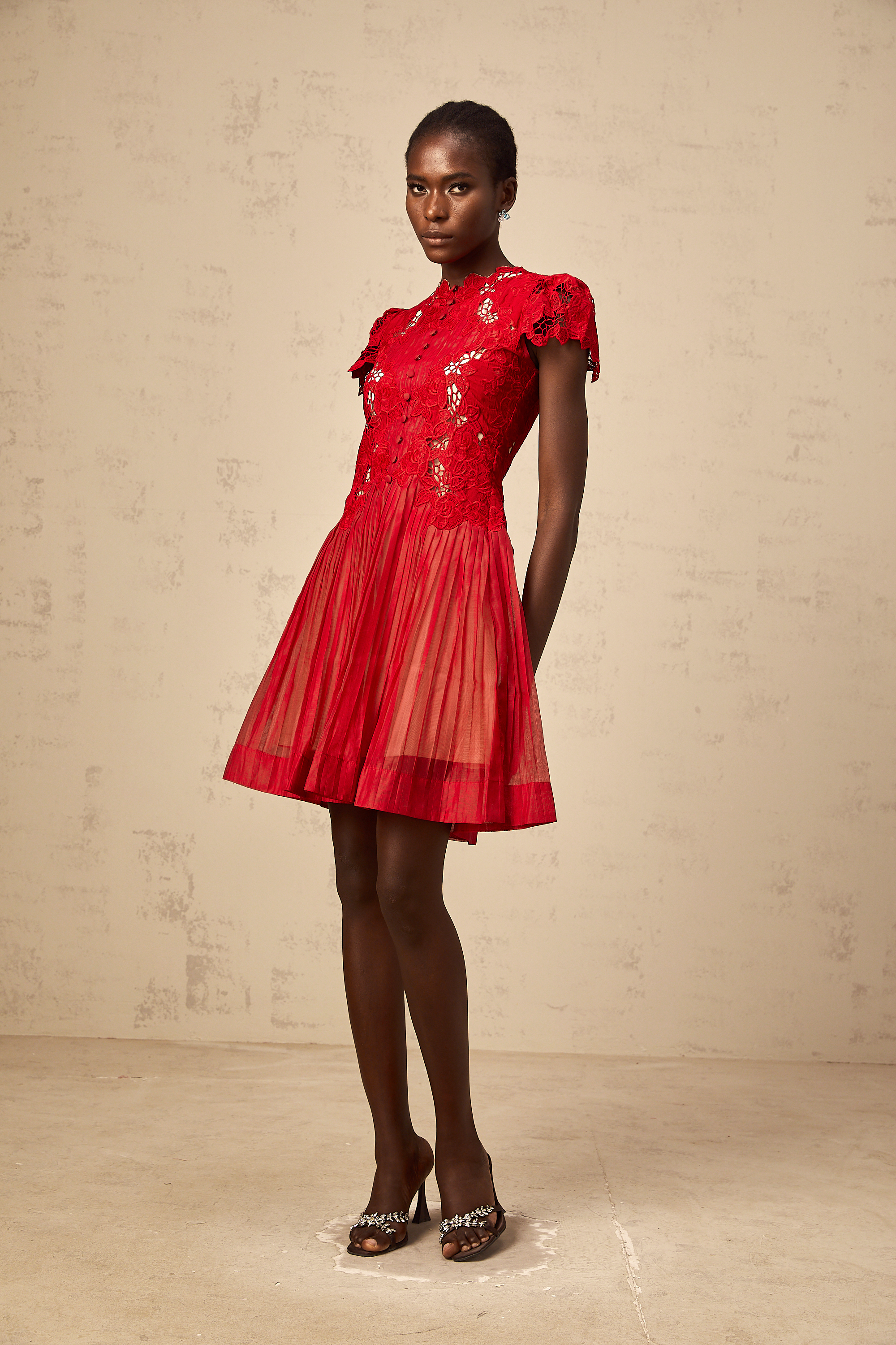 Corinne red flower-embroidered pleated mini dress