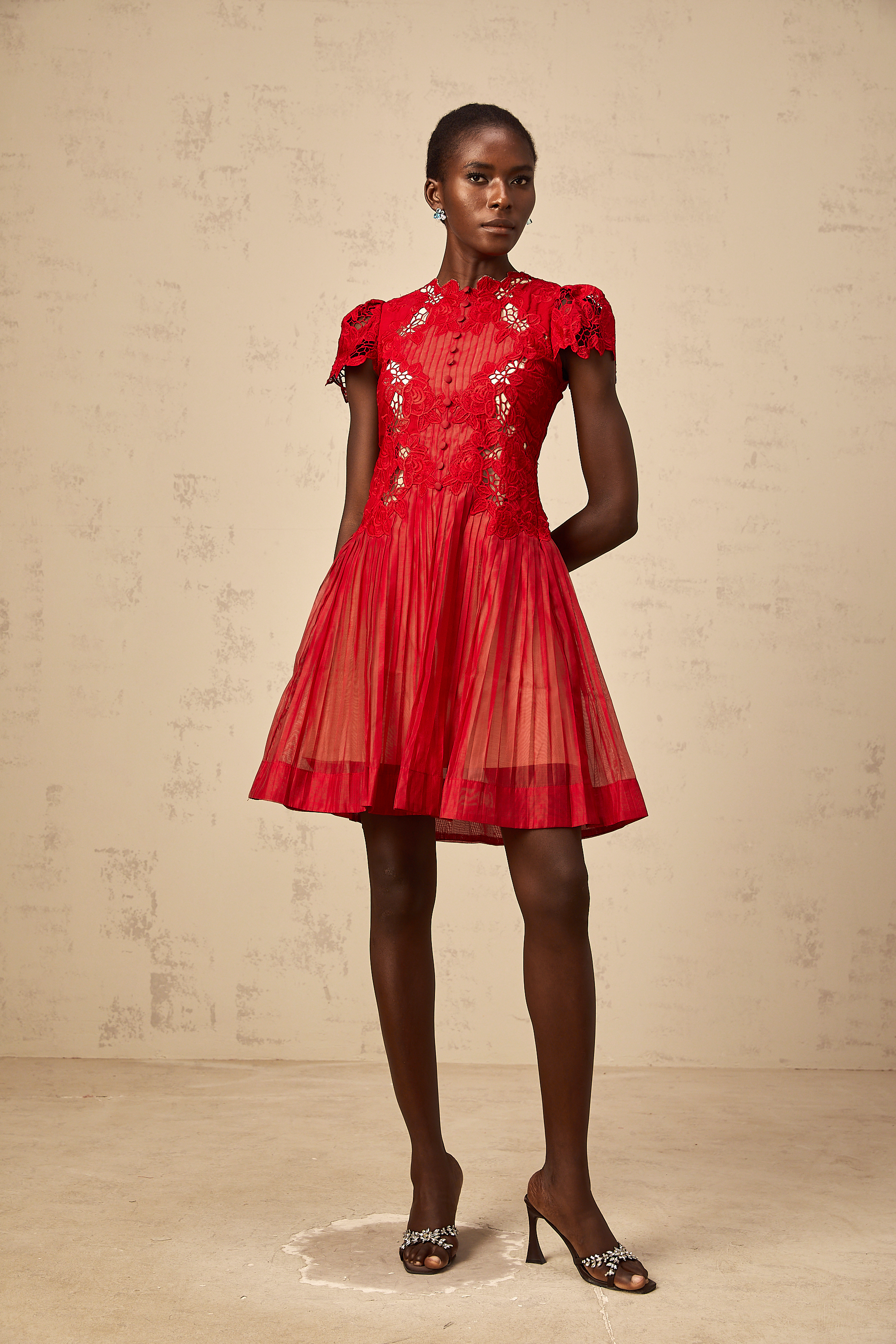 Corinne red flower-embroidered pleated mini dress