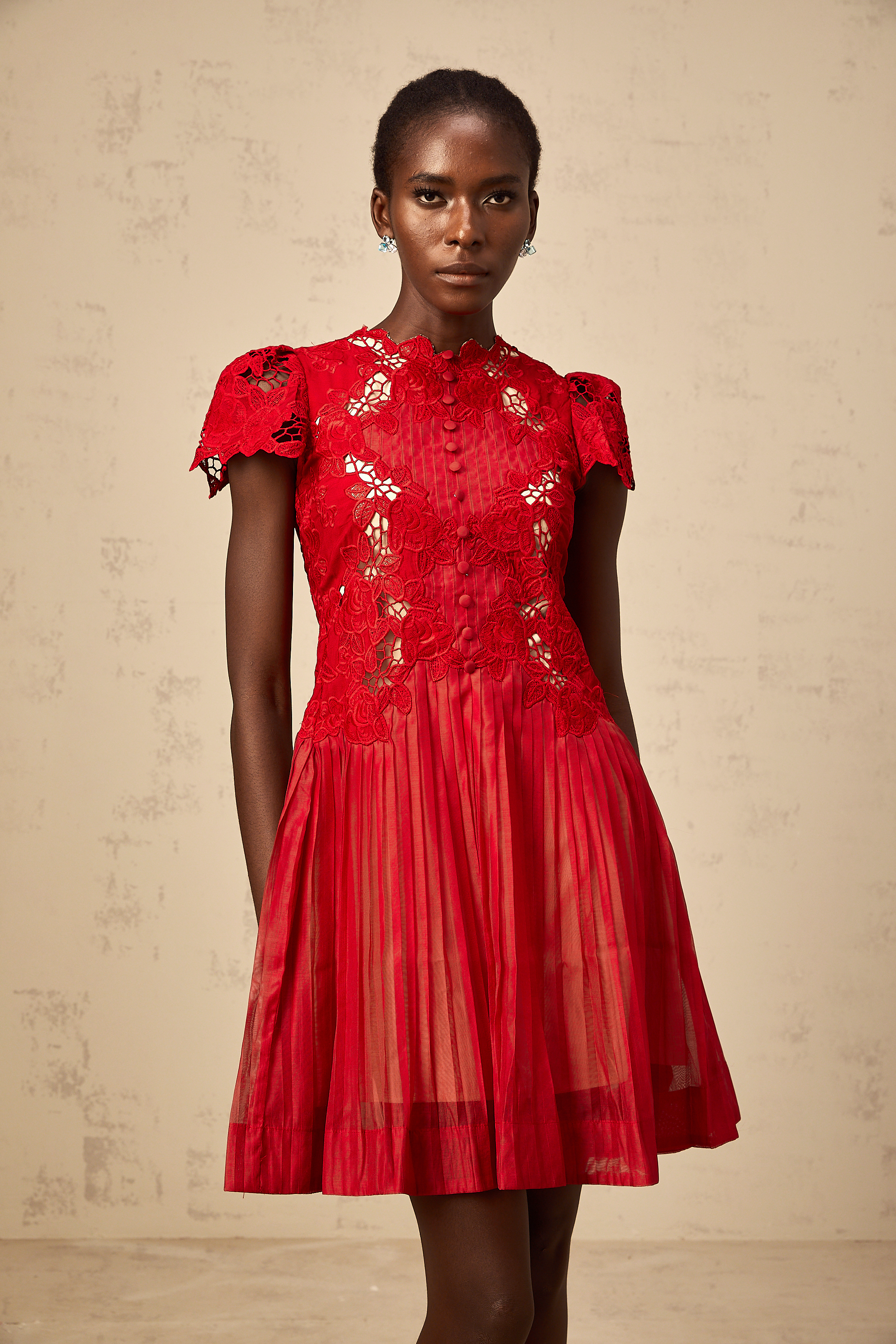 Corinne red flower-embroidered pleated mini dress