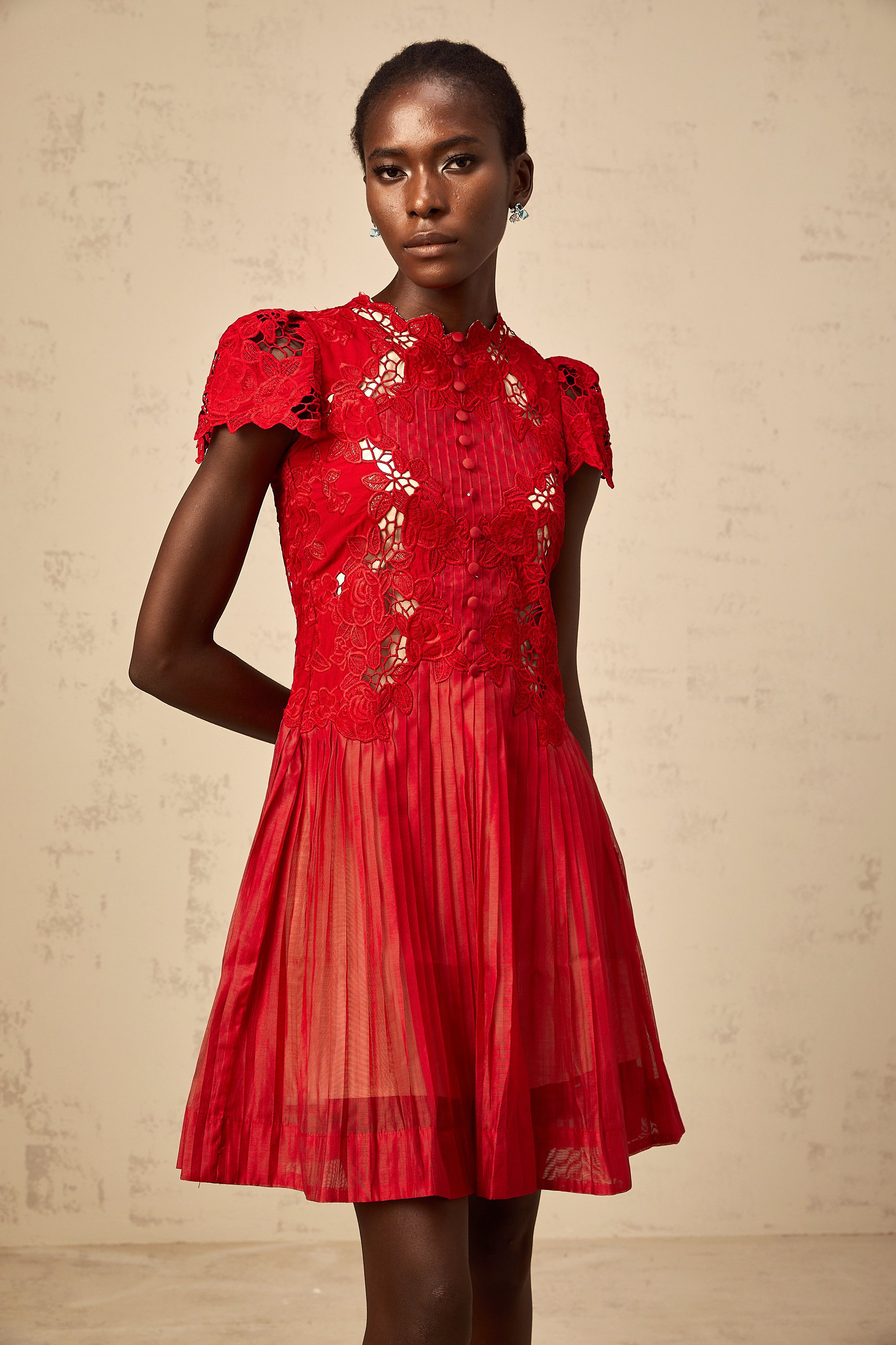 Corinne red flower-embroidered pleated mini dress