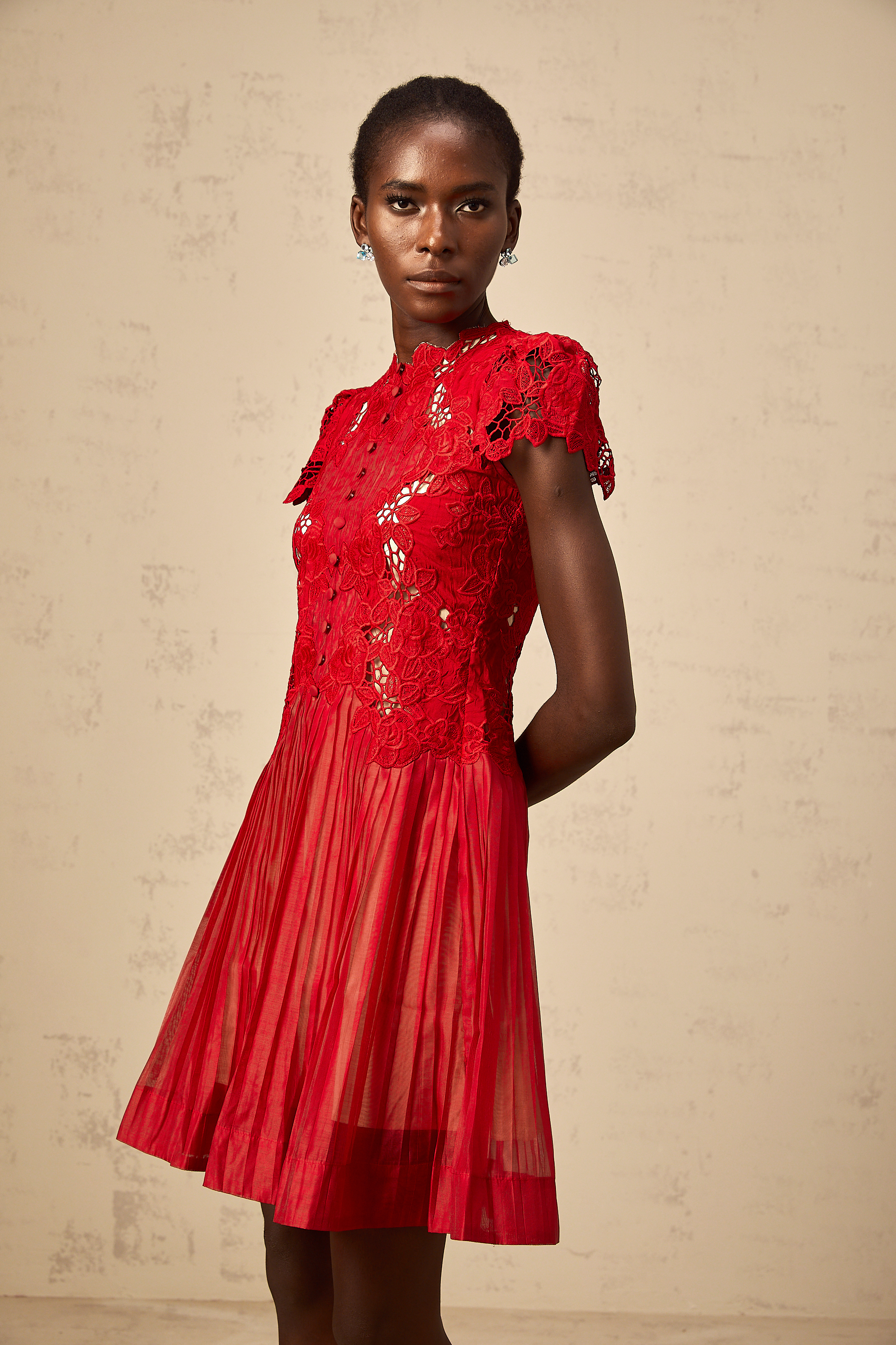 Corinne red flower-embroidered pleated mini dress