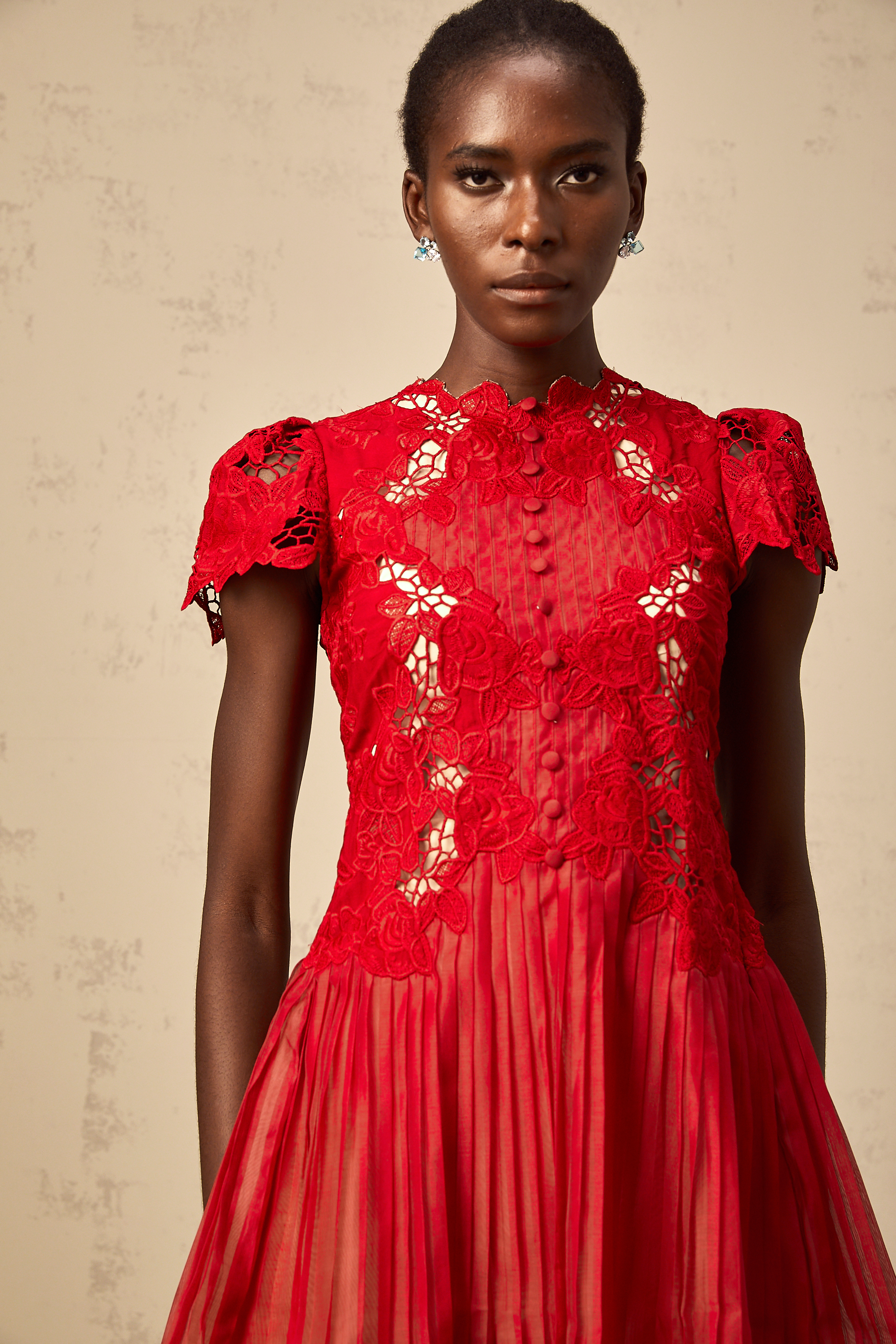 Corinne red flower-embroidered pleated mini dress