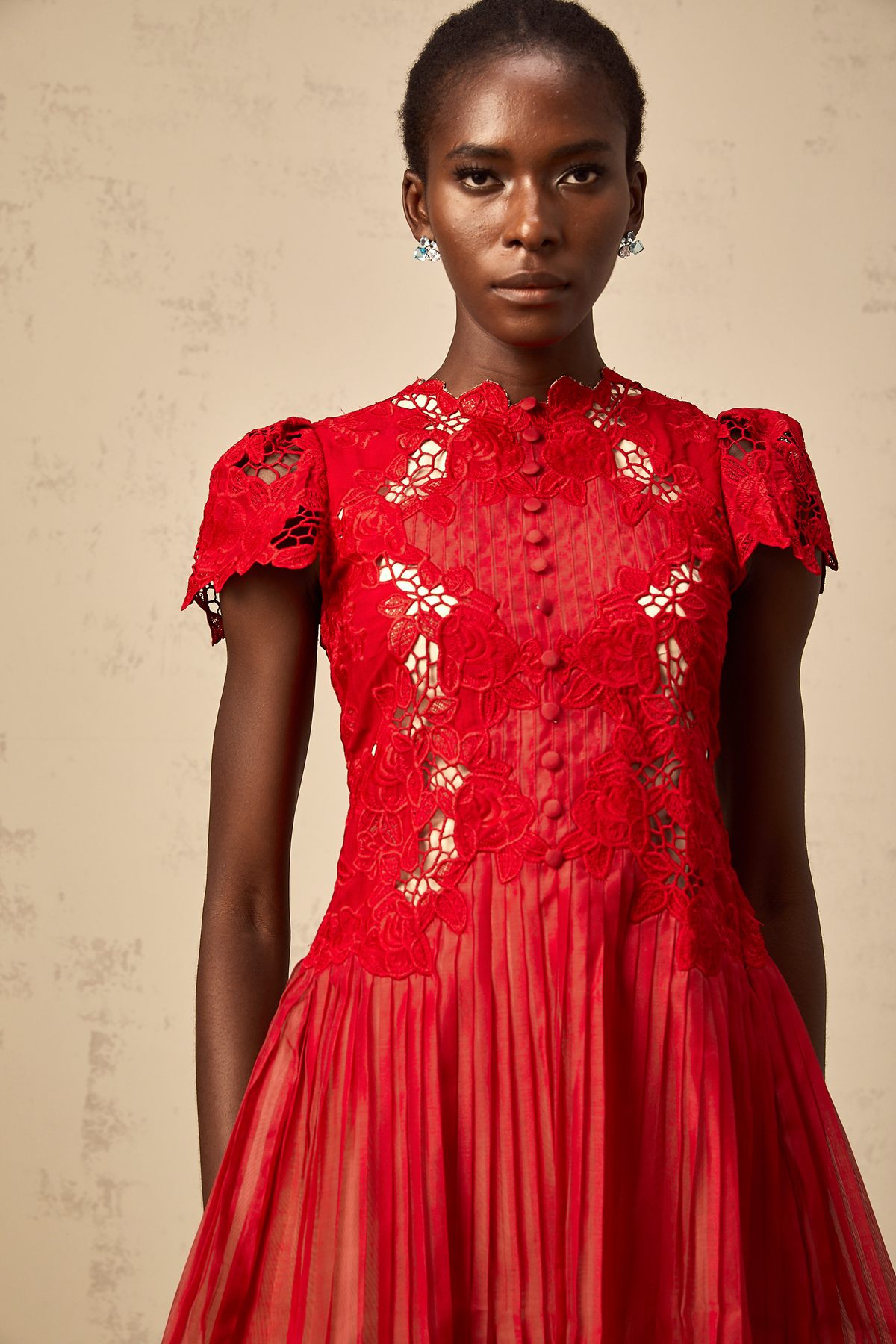 Corinne red flower-embroidered pleated mini dress