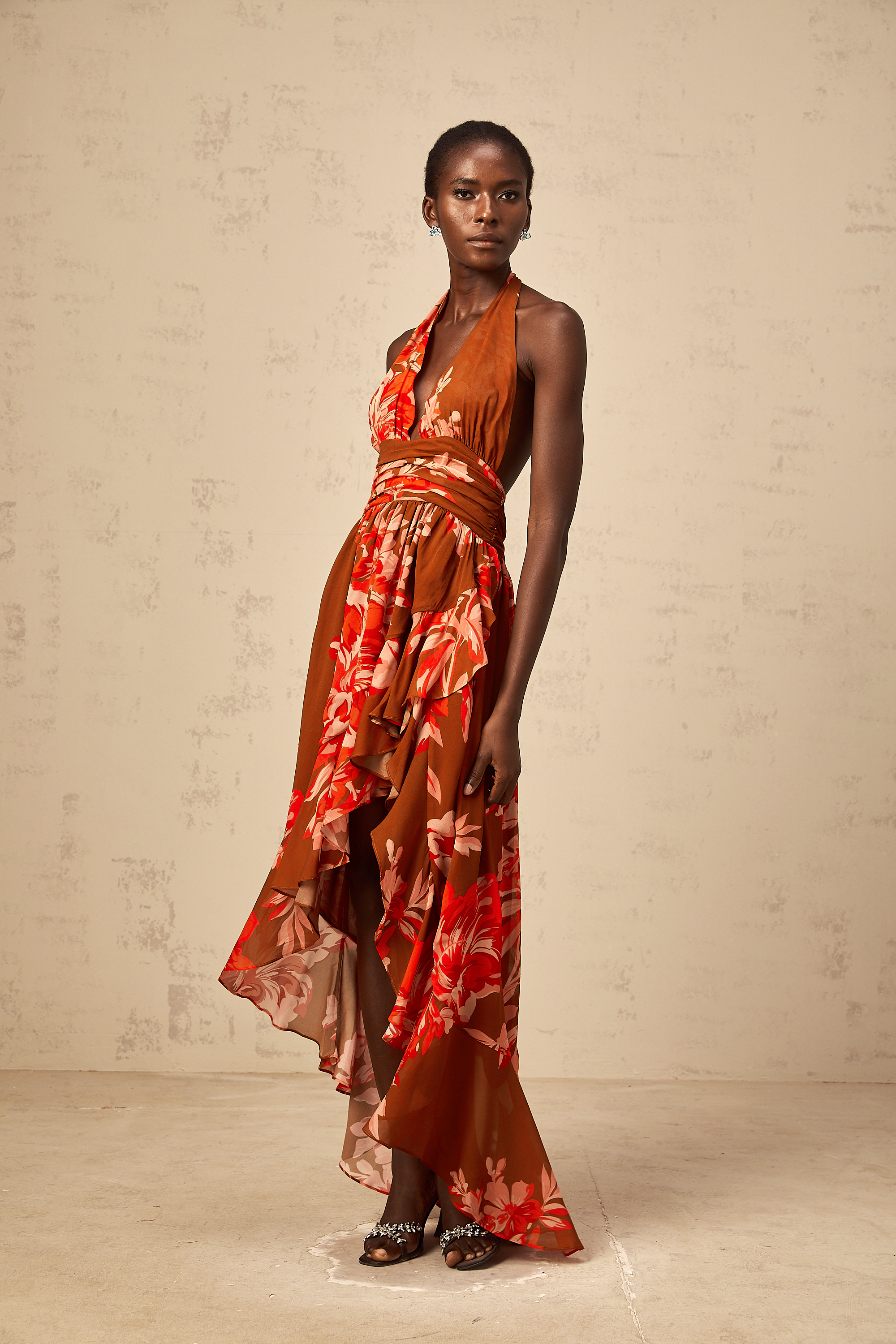 Angélique brown floral-print asymmetrical maxi dress