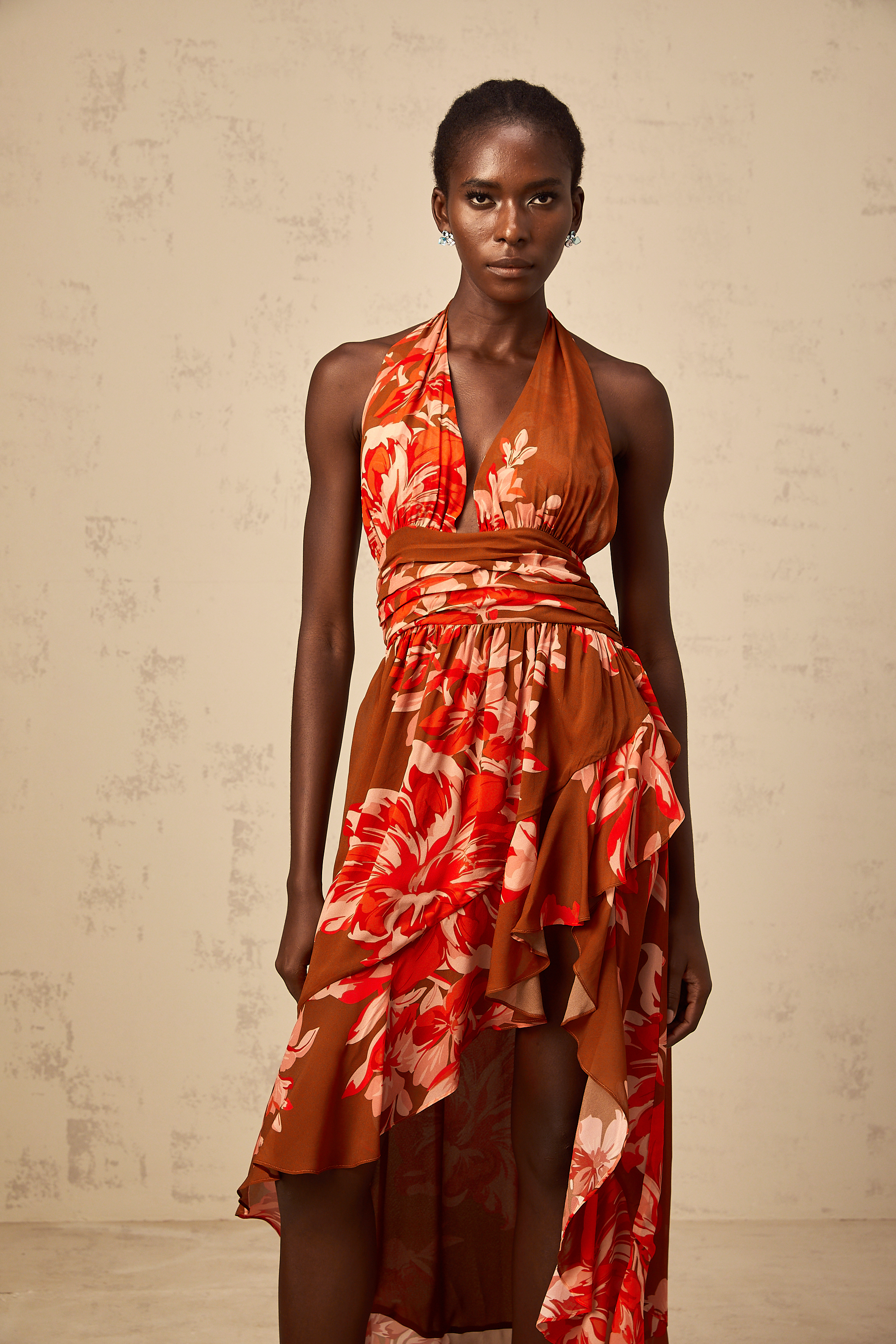 Angélique brown floral-print asymmetrical maxi dress